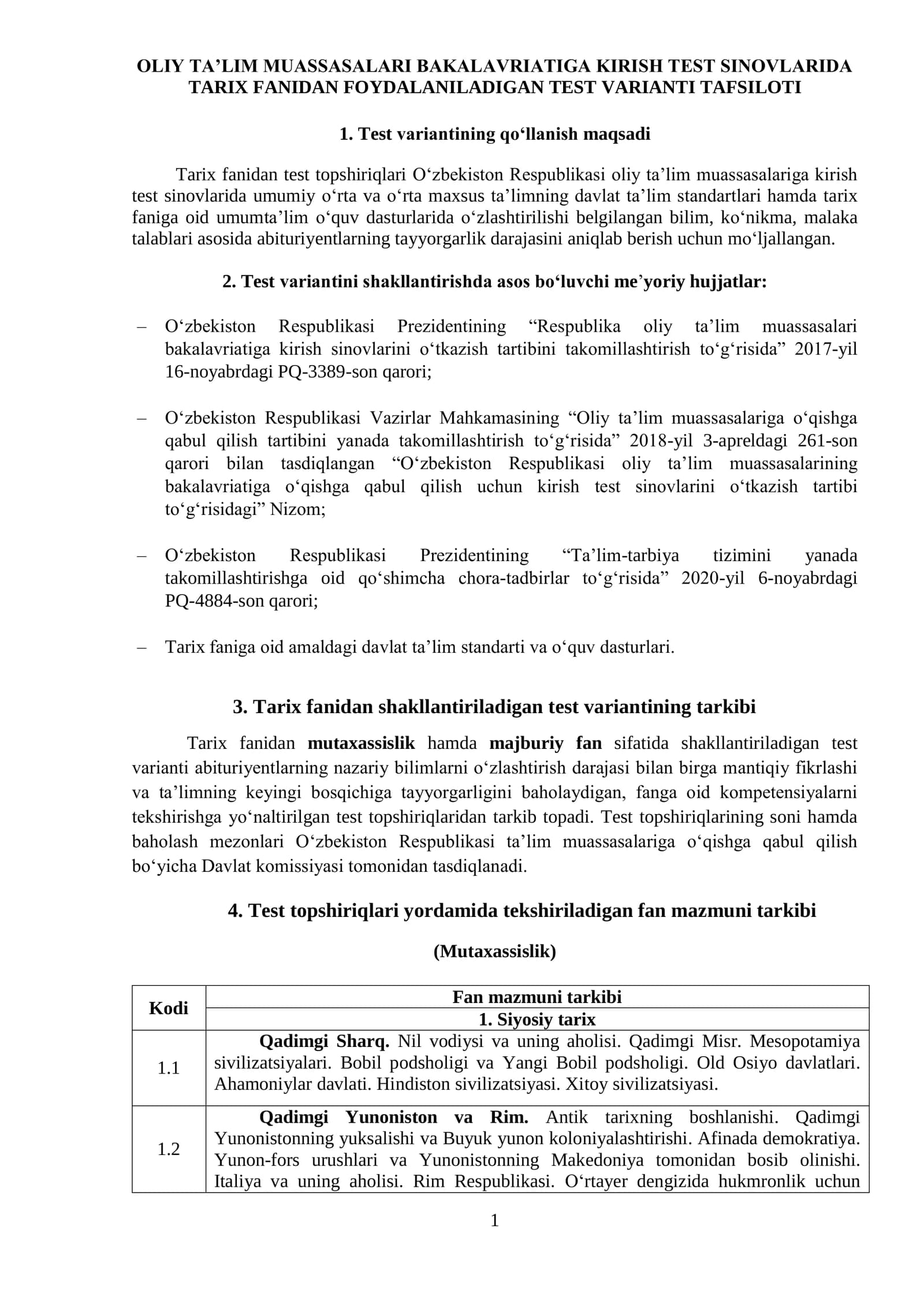 TARIX FANIDAN FOYDALANILADIGAN TEST VARIANTI TAFSILOTI