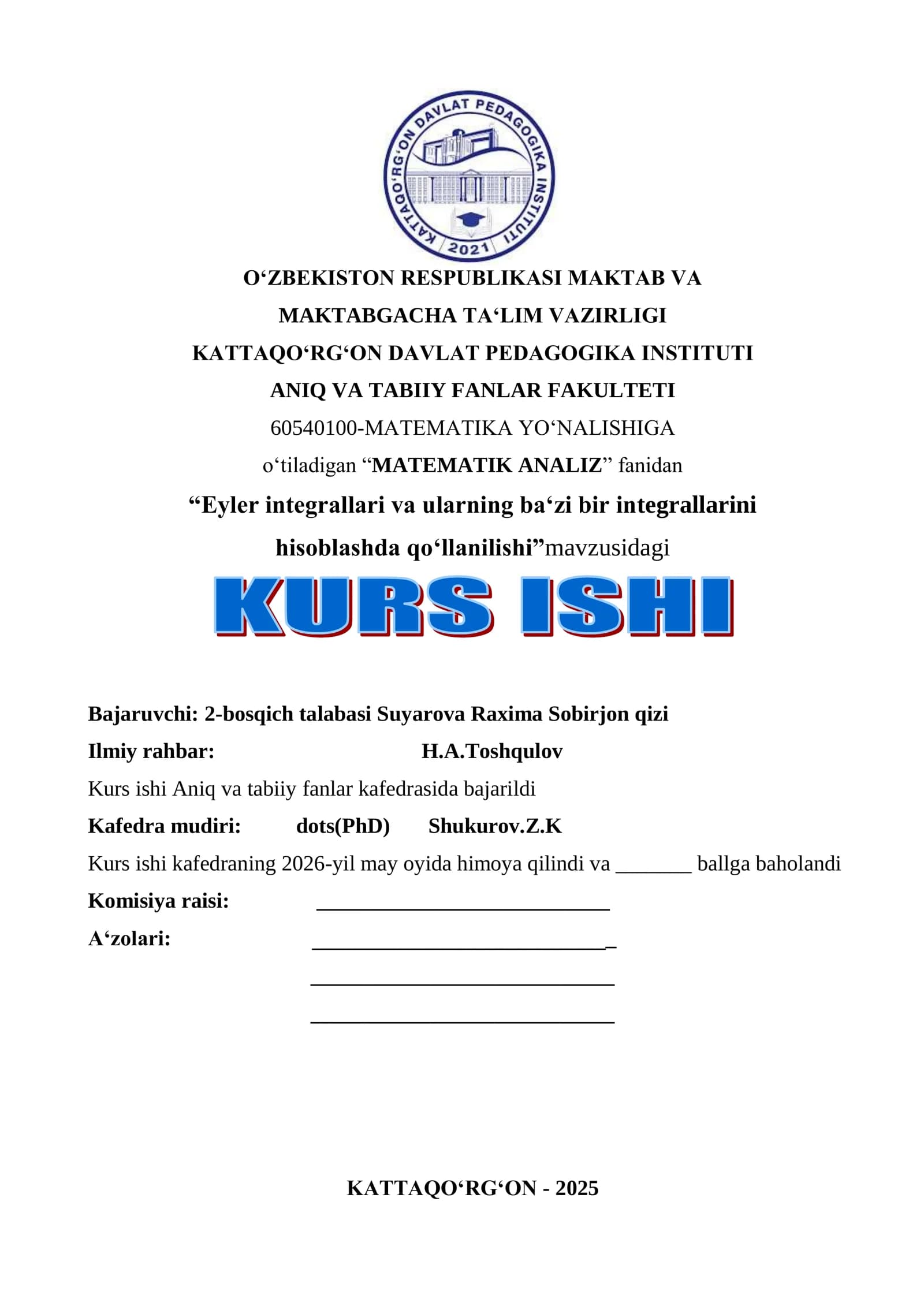 Eyler integrallari va ularning bir qo‘llanilishi