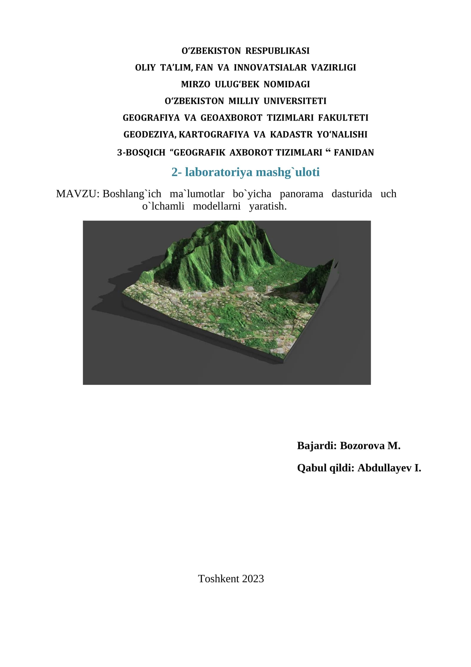 Boshlang`ich ma`lumotlar bo`yicha panorama dasturida uch o`lchamli modellarni yaratish.
