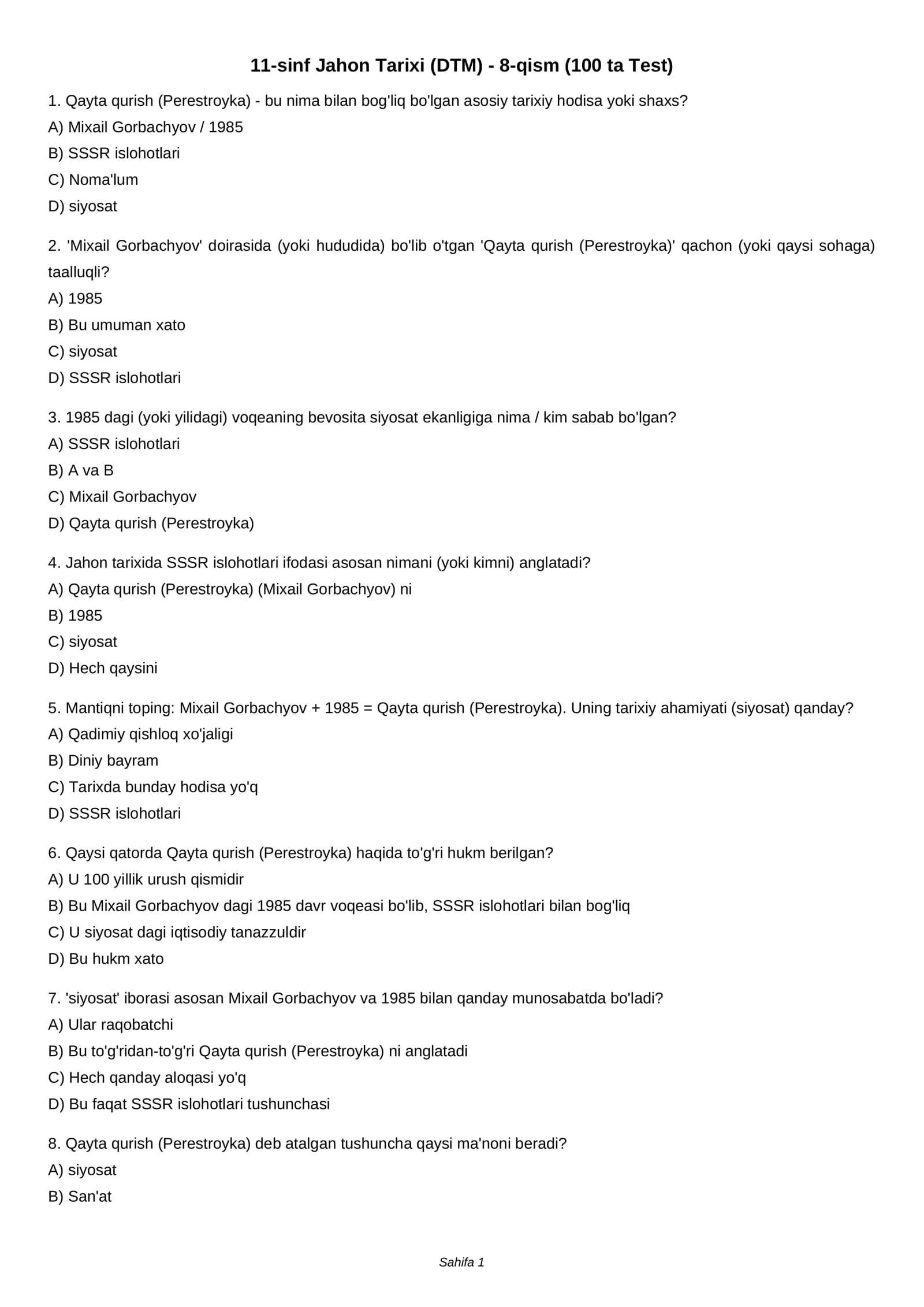 11-sinf Jahon Tarixi (DTM) - 8-qism (100 ta Test)