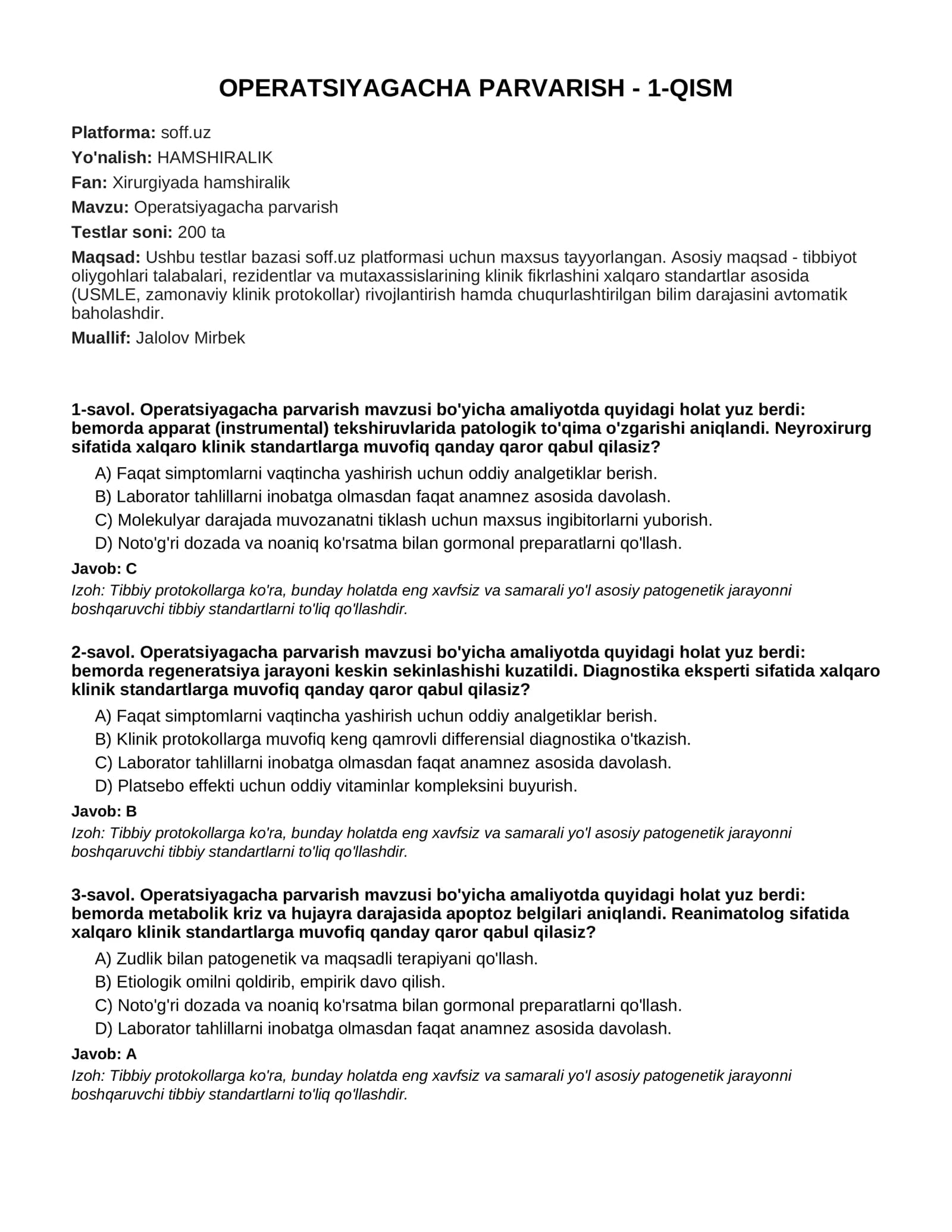 OPERATSIYAGACHA PARVARISH - 1-QISM