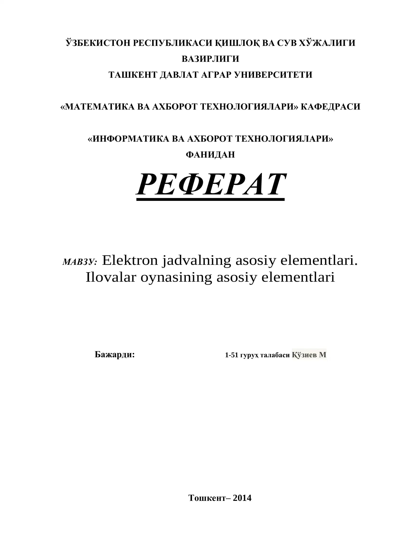 Elektron jadvalning asosiy elementlari