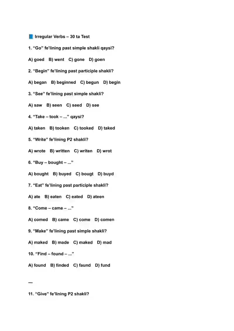 Irregular Verbs – 30 ta Test