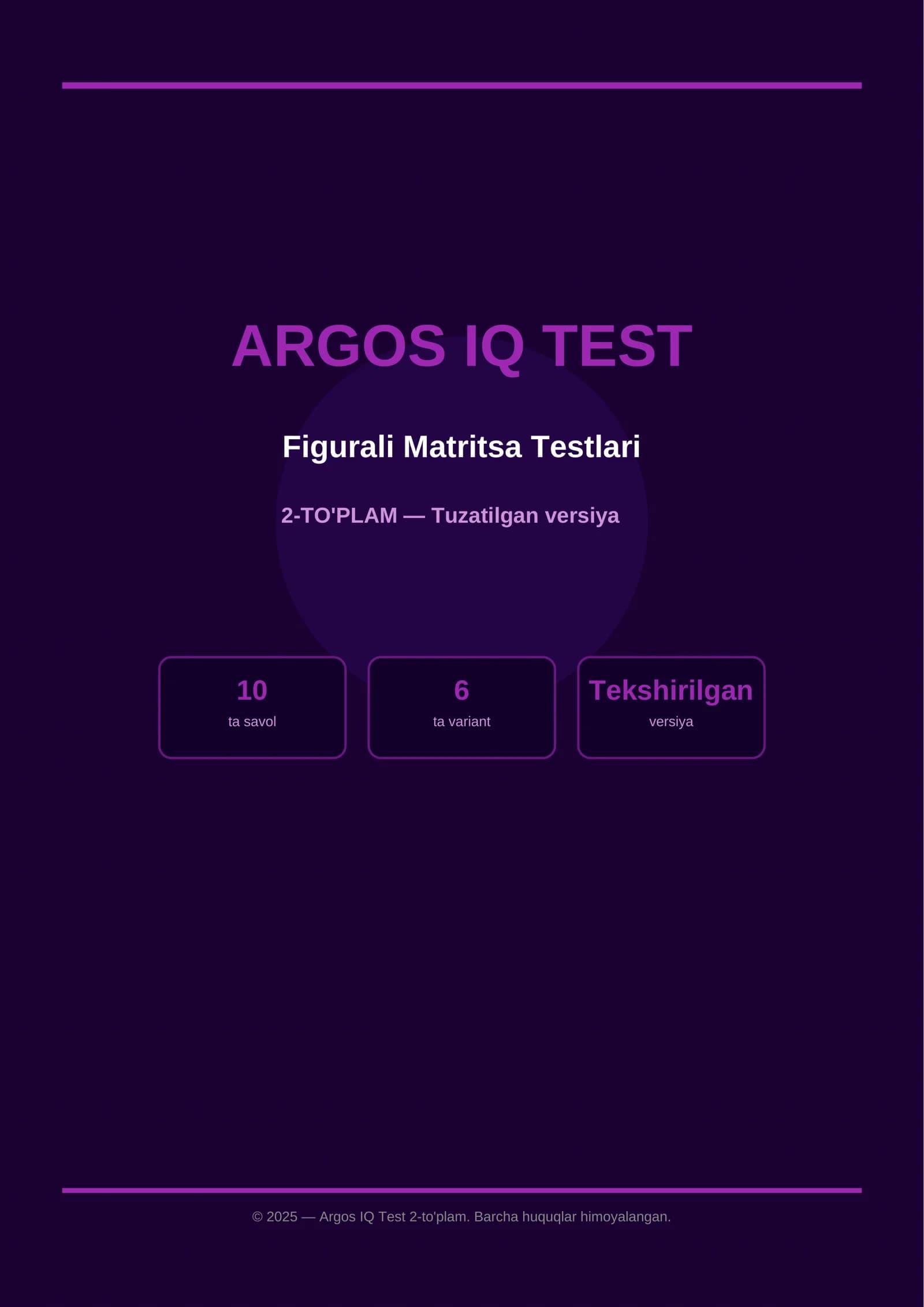 ARGOS IQ Test | Figurali Matritsa | 2-to'plam | 10 ta Yangi Naqsh | Javoblari bilan