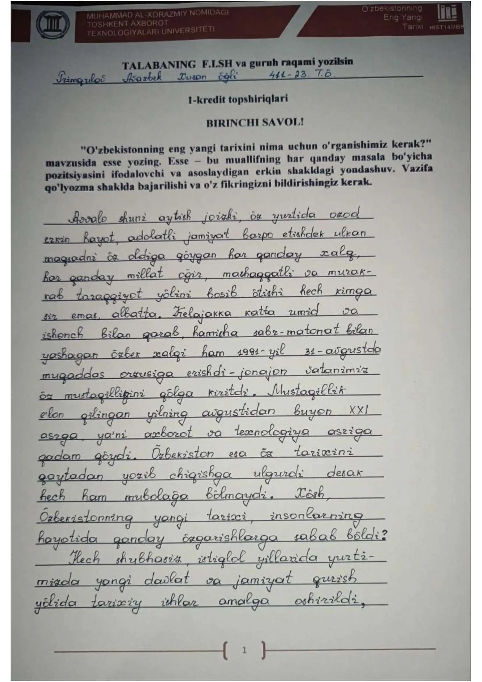 O'zbekston tarixi (1-mustaqil ish)