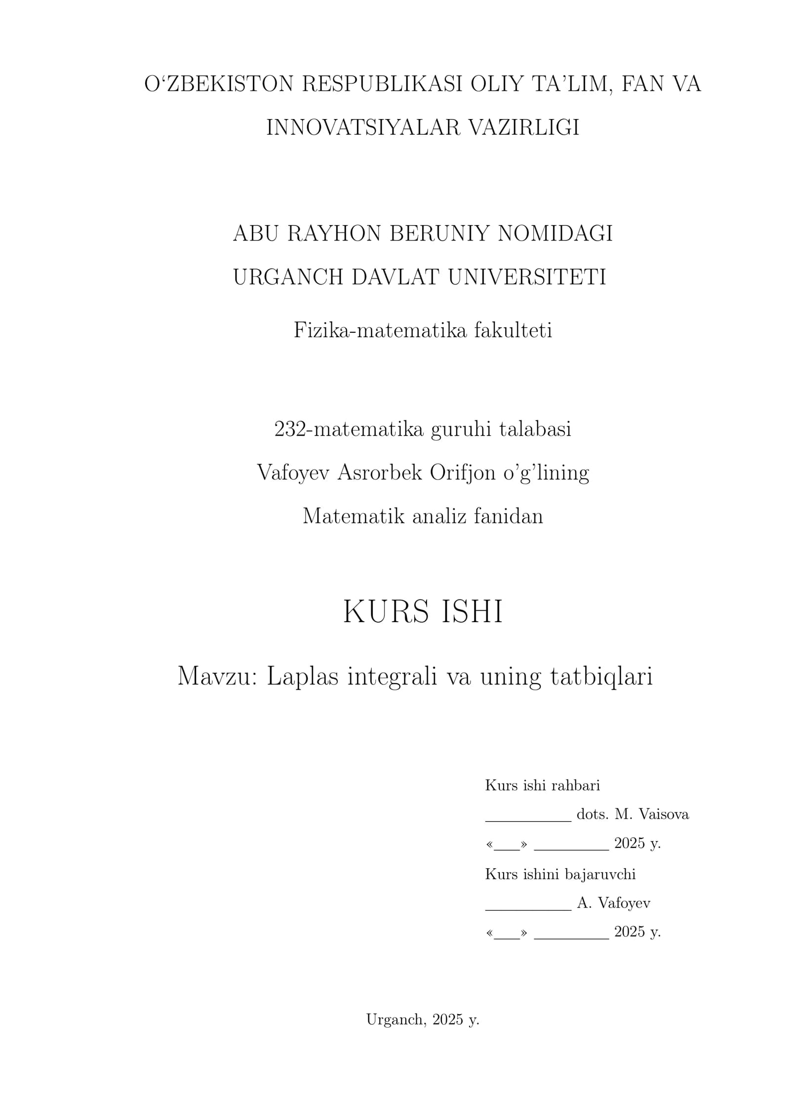 Laplas integrali va uning tatbiqlari