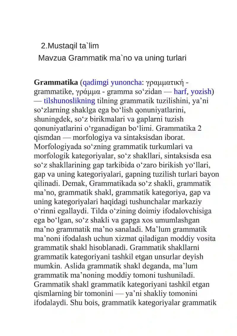 Grammatika (Mavzua Grammatik ma`no va uning turlari)