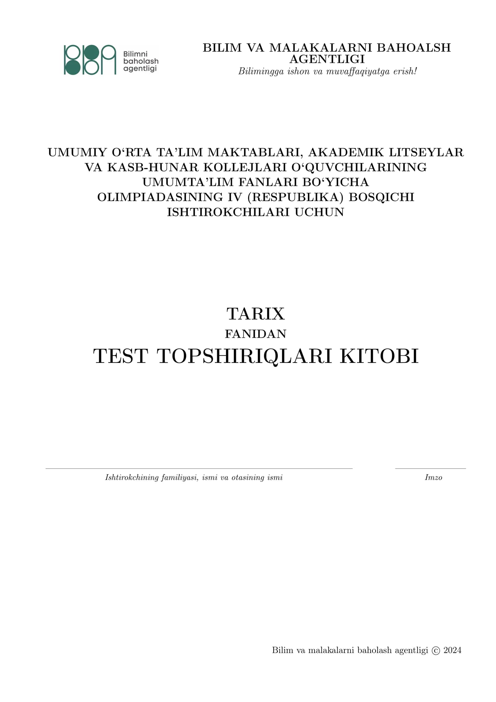 TARIX FANIDAN TEST TOPSHIRIQLARI KITOBI