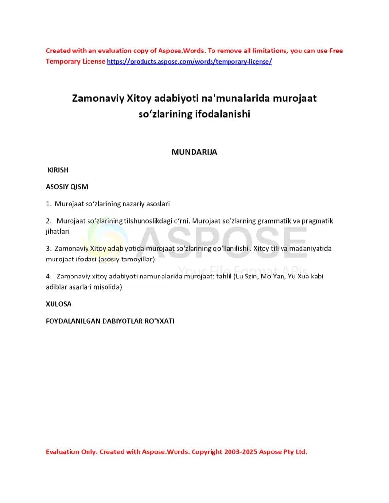 Zamonaviy Xitoy adabiyoti na'munalarida murojaat so‘zlarining ifodalanishi