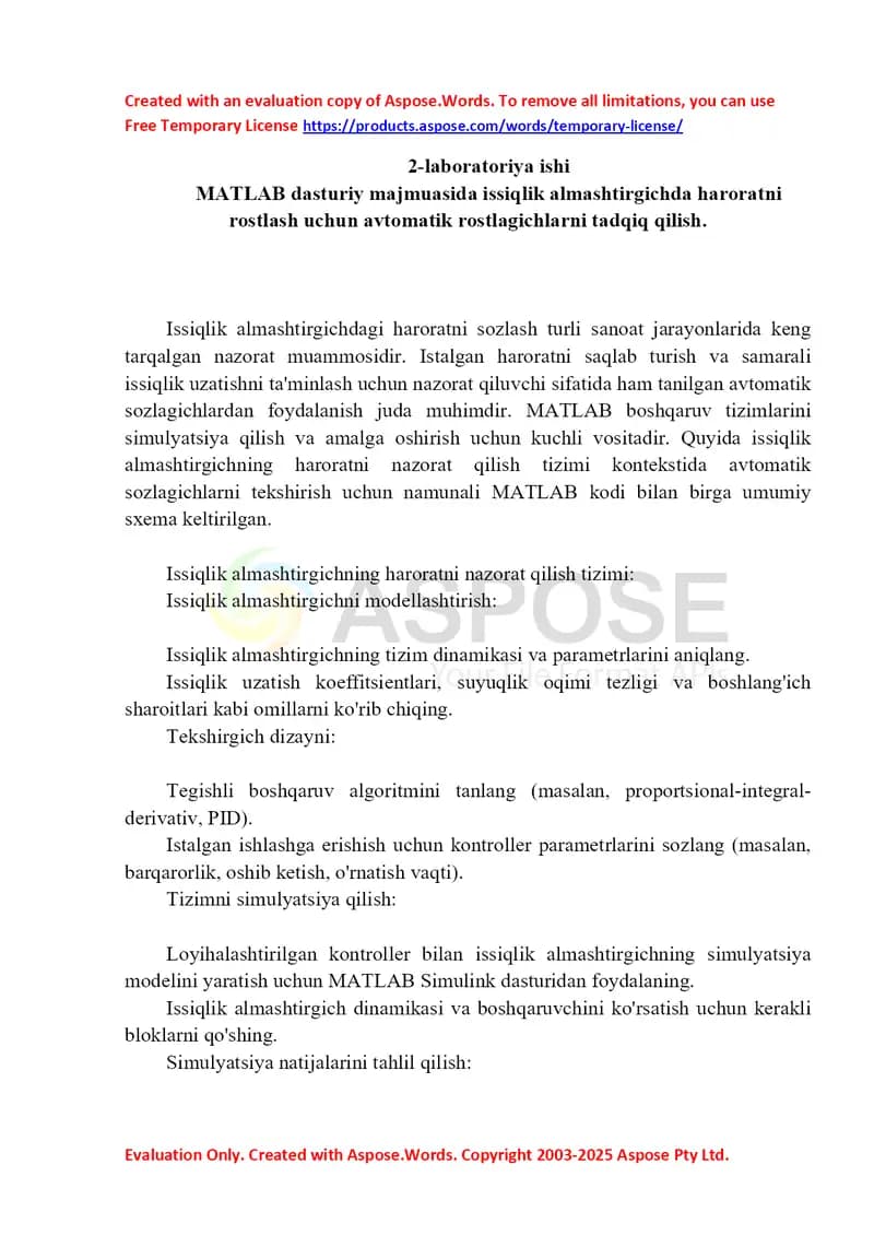 Heat Exchanger Temperature Control MATLAB Simulink modeli