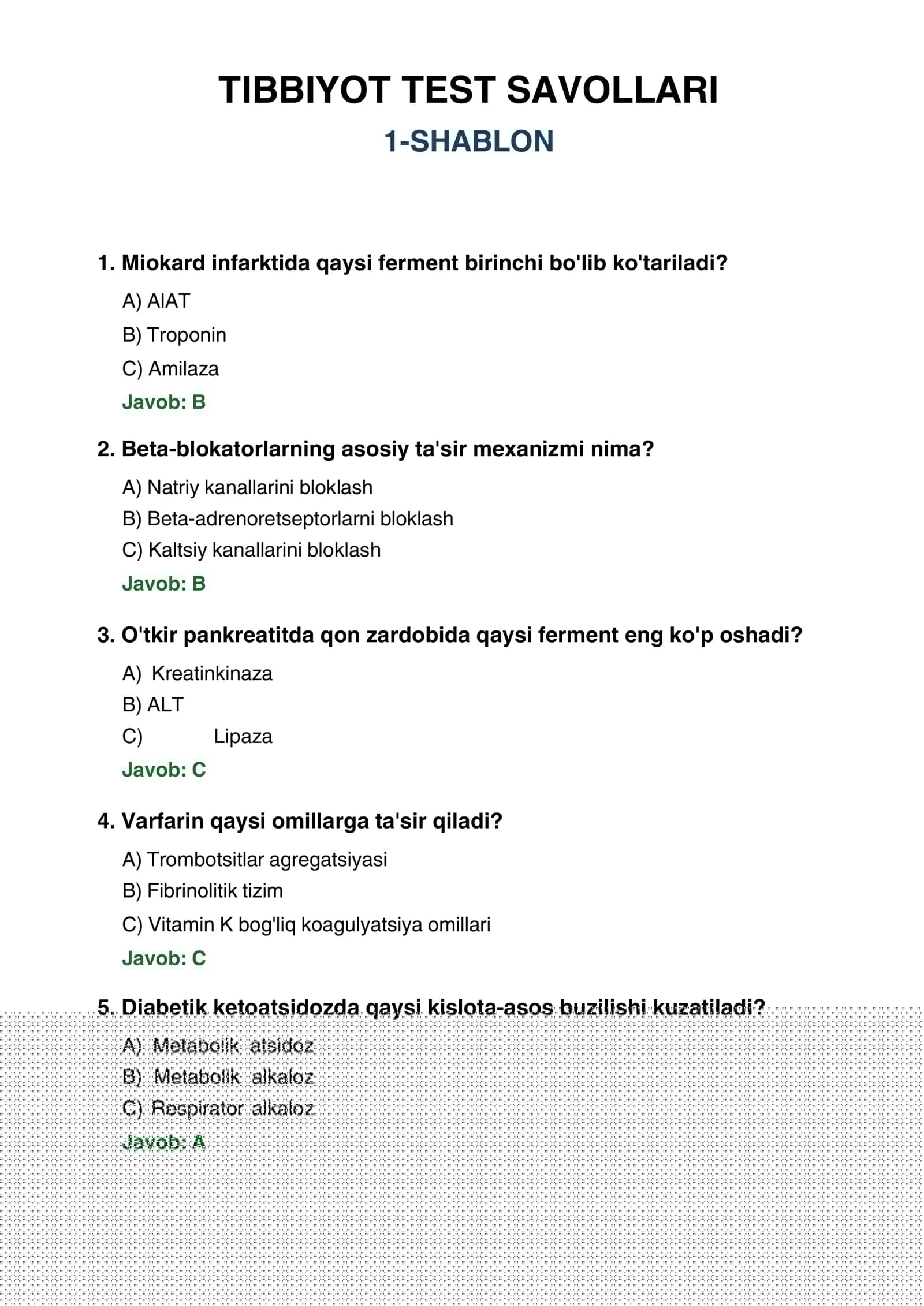 tibbiyot test savollari