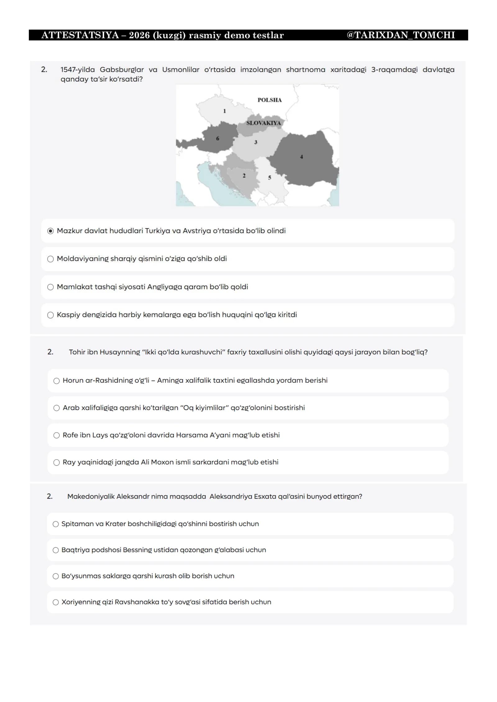TARIX ATTESTATSIYA – 2026 (kuzgi) rasmiy demo testlar