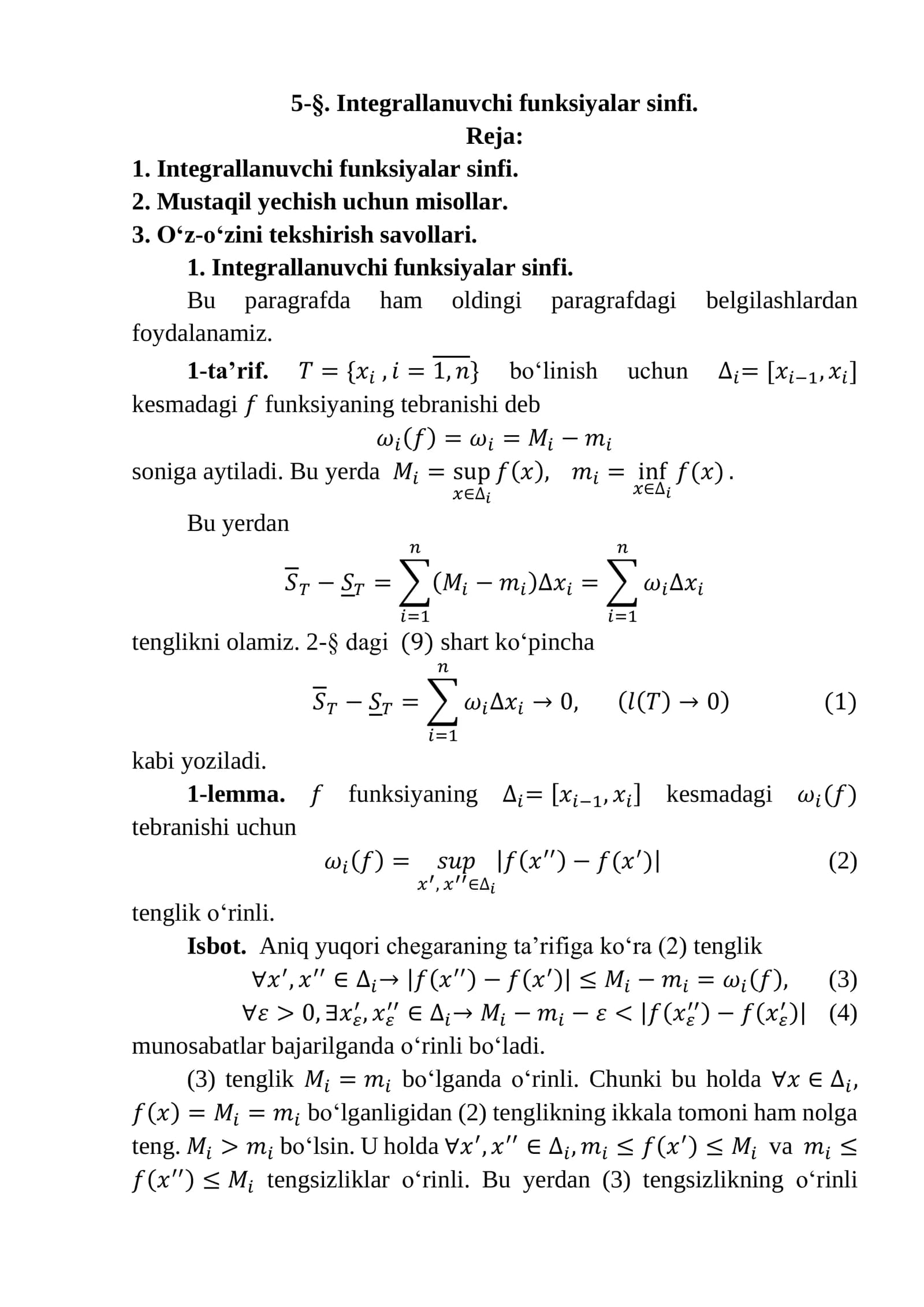 Integrallanuvchi funksiyalar sinfi