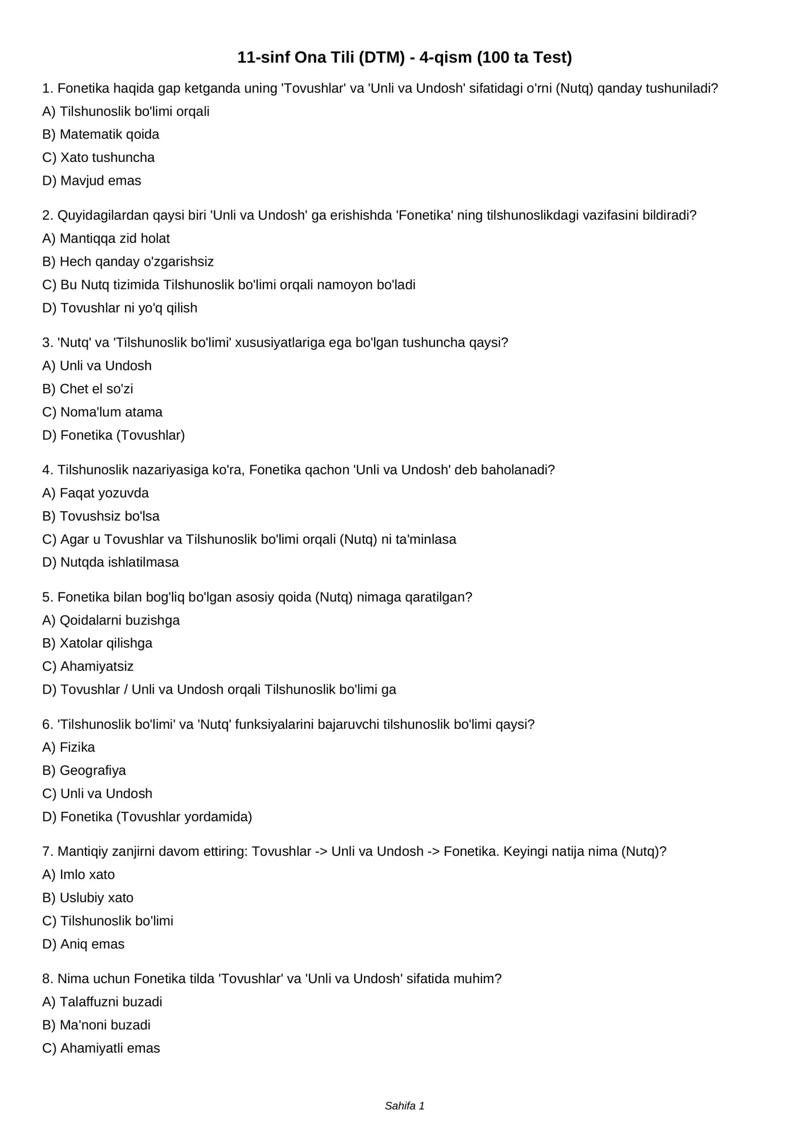 11-sinf Ona Tili (DTM) - 4-qism (100 ta Test)