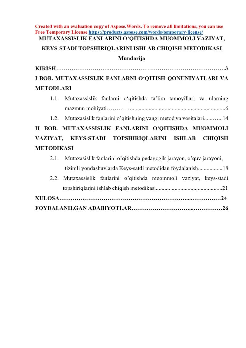 Mutaxassislik fanlarini o‘qitishda muommoli vaziyat, keys-stadi topshiriqlarini ishlab chiqish metodikasi