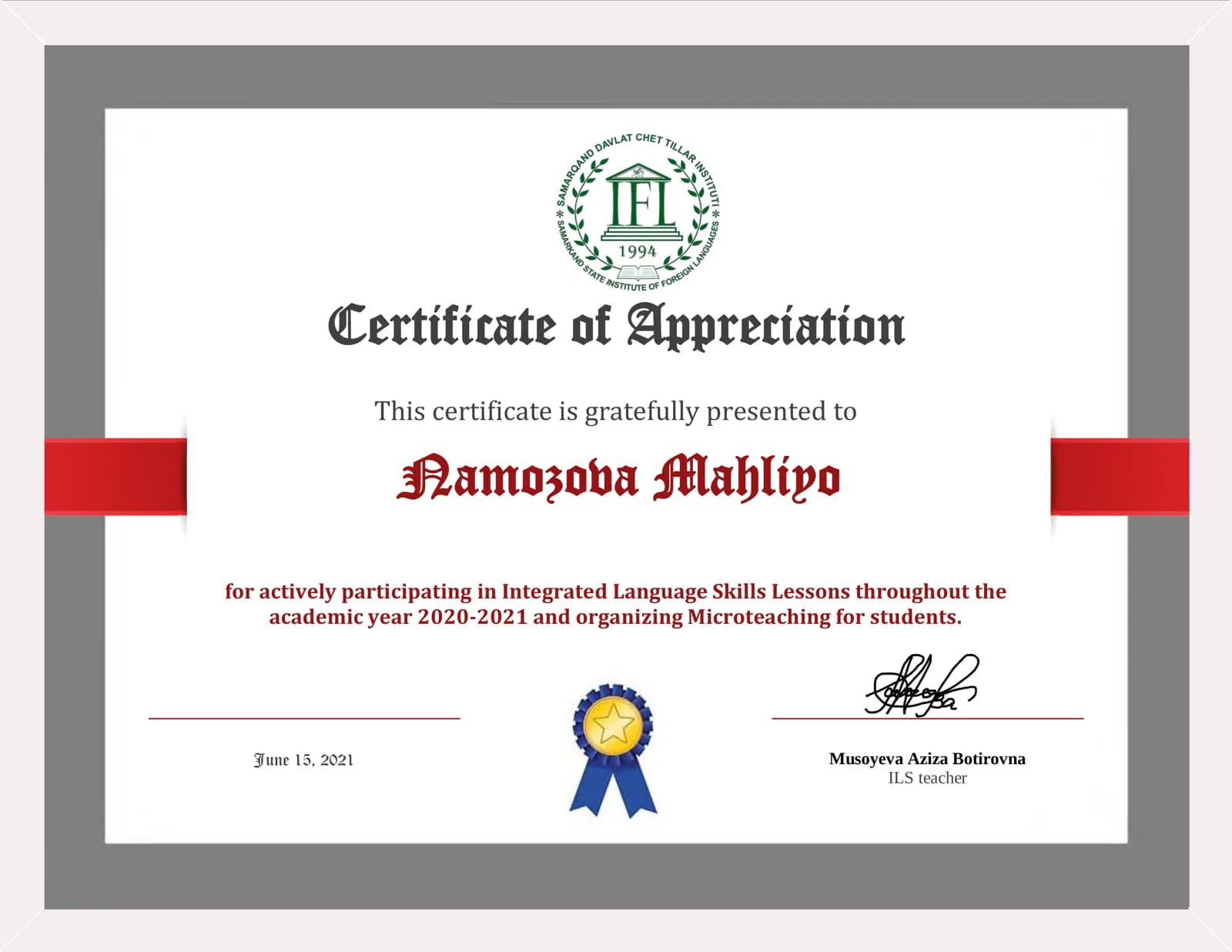 Certificate of Appreciation