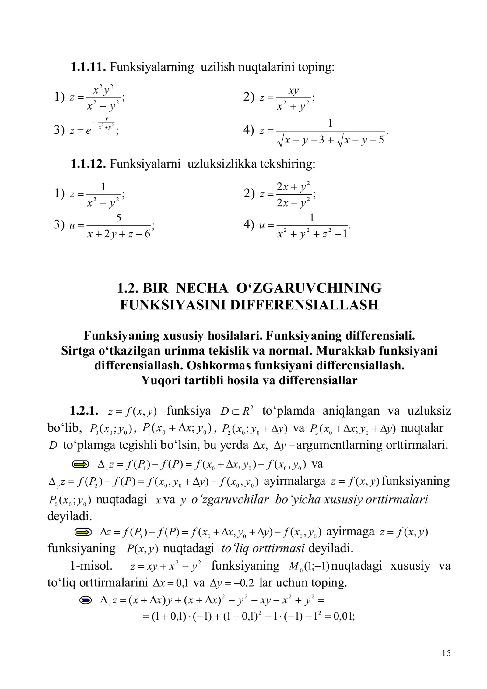 1.2. BIR NECHA O‘ZGARUVCHINING FUNKSIYASINI DIFFERENSIALLASH