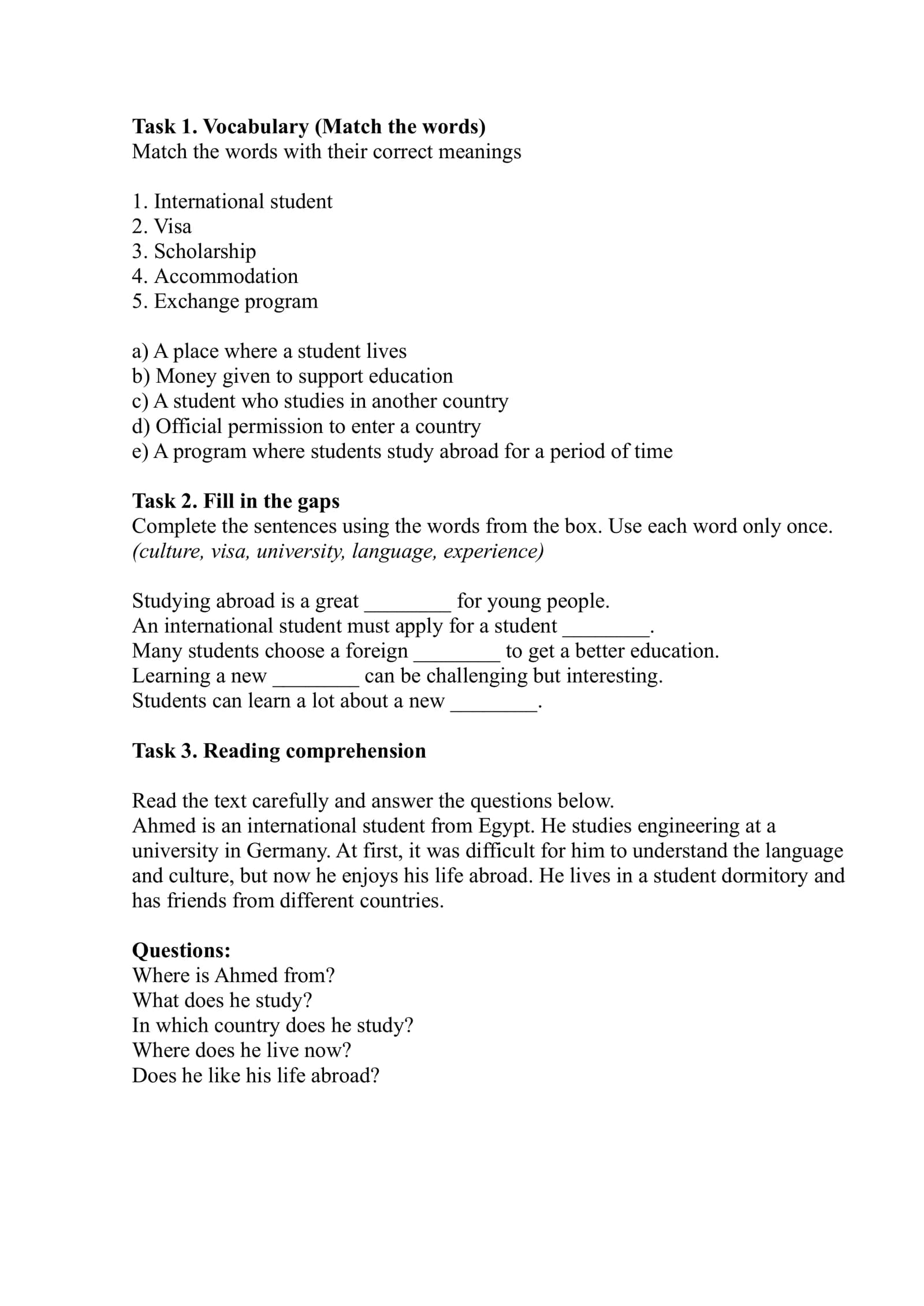 Vocabulary Matching Exercise