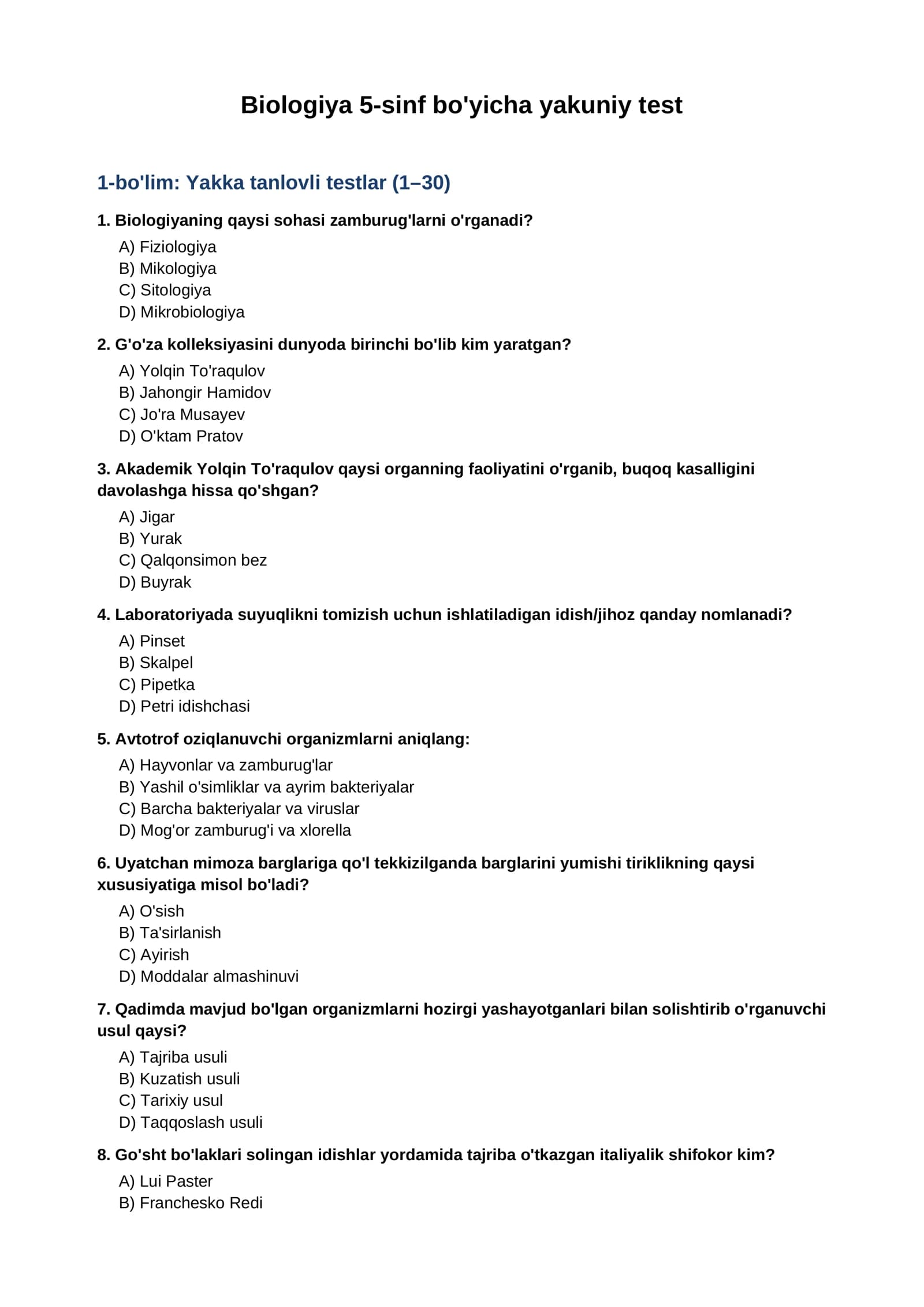 Biologiya 5-sinf bo'yicha yakuniy test