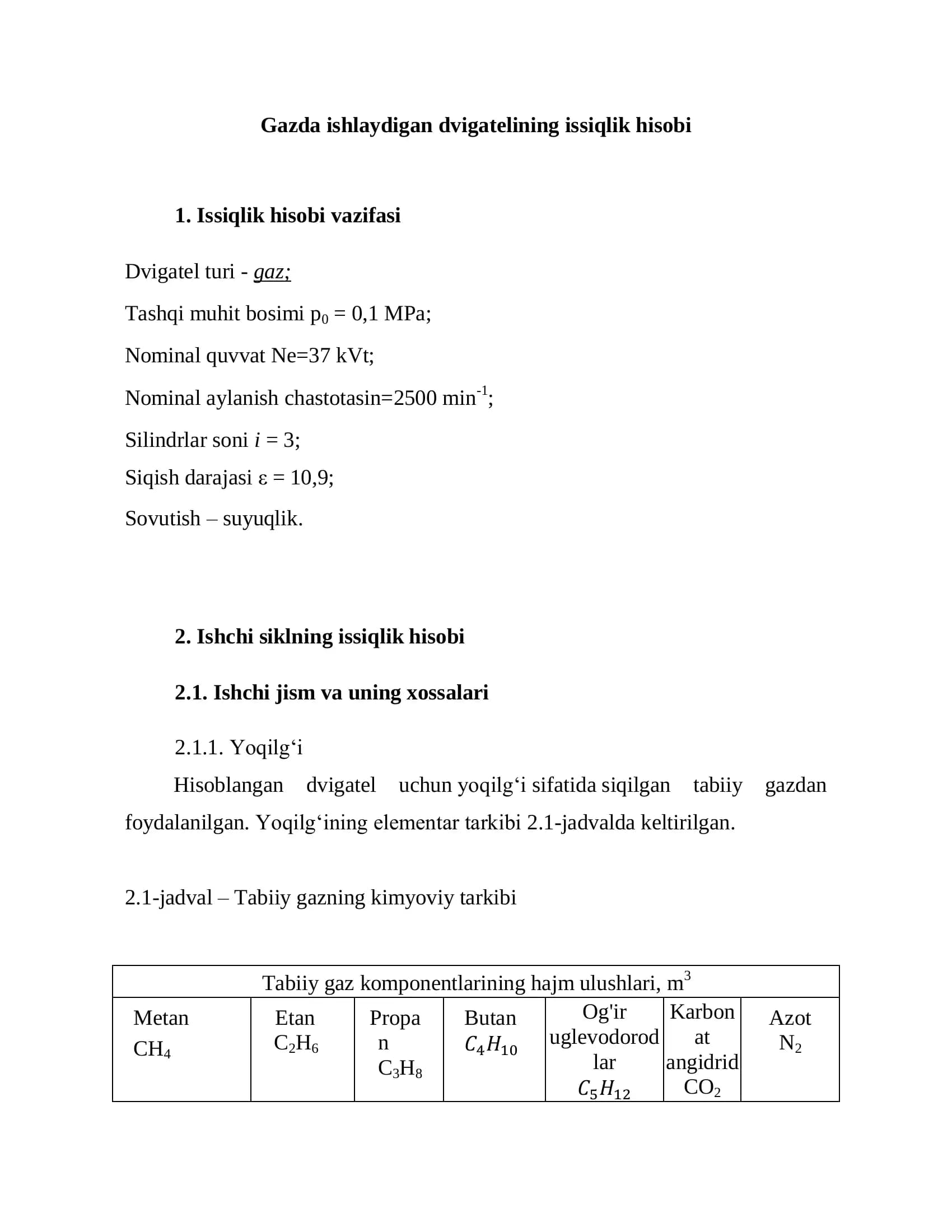 Gazda ishlaydigan dvigatelining issiqlik hisobi