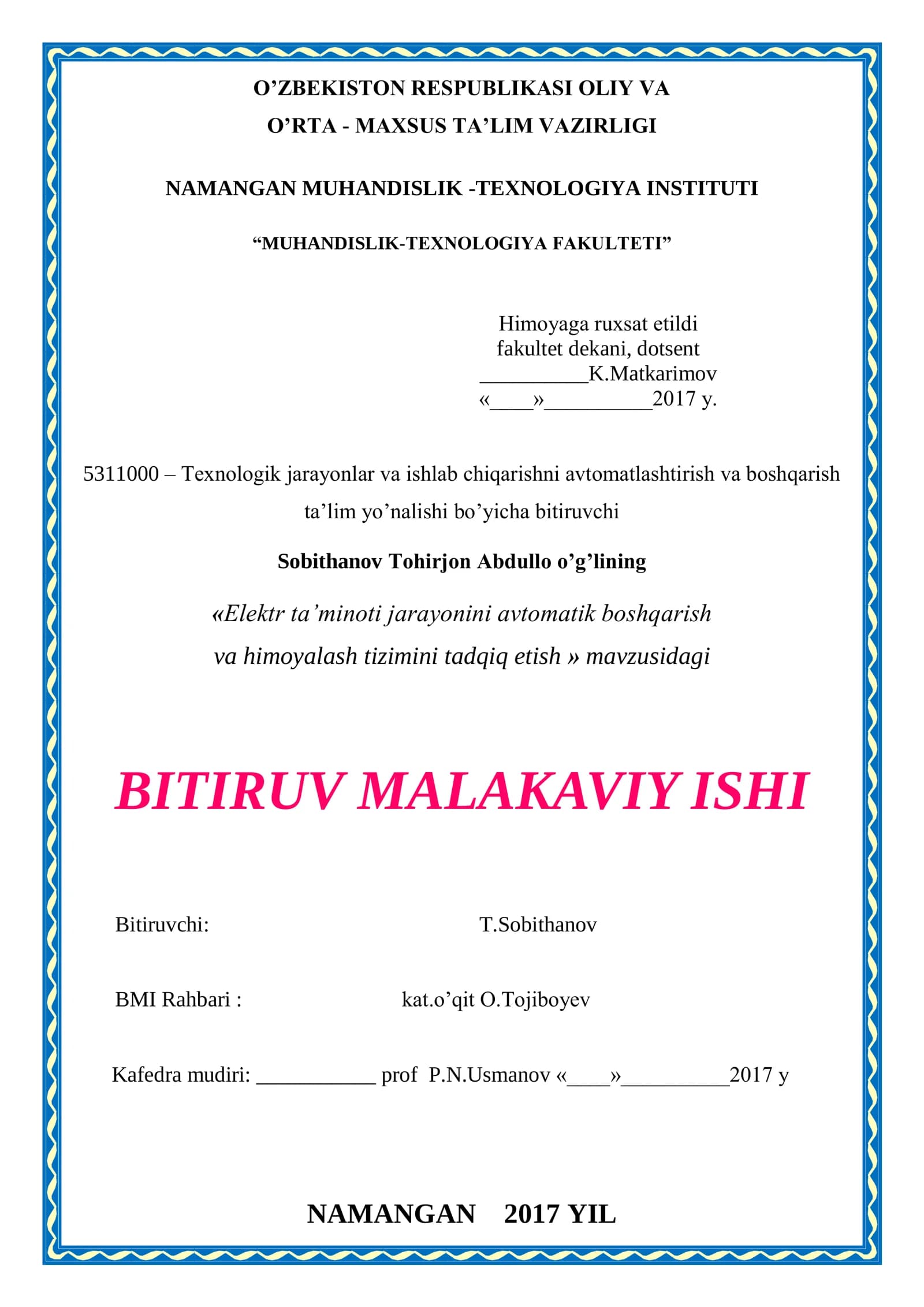 Elektr ta’minoti jarayonini avtomatik boshqarish va himoyalash tizimini tadqiq etish