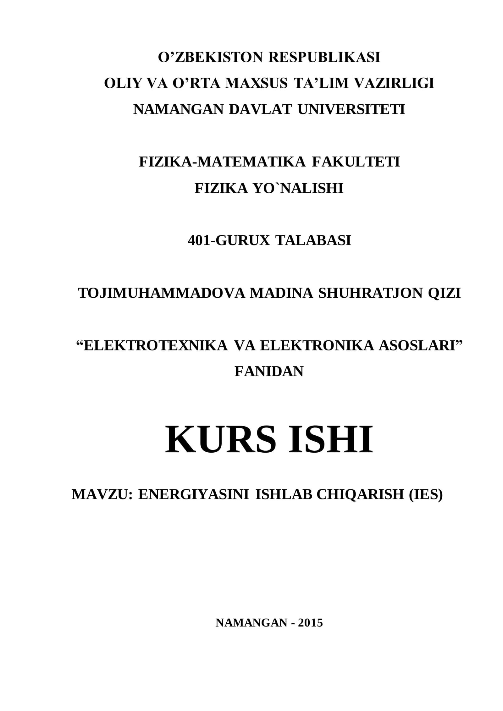 ELEKTR ENERGIYASINI ISHLAB CHIQARISH (IES)