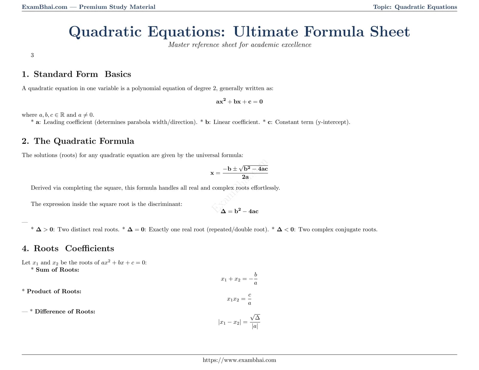 Quadratic Equations: Ultimate Formula Sheet