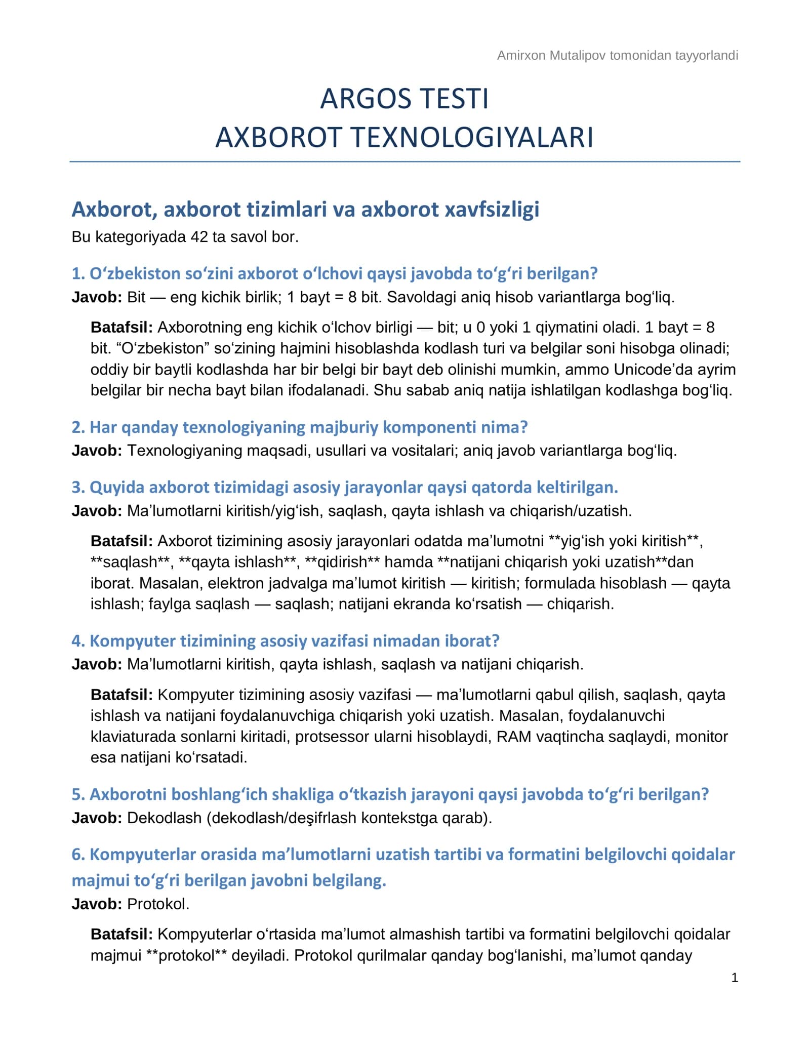ARGOS Axborot texnologiyalari — 290 ta savol-javob | 2027