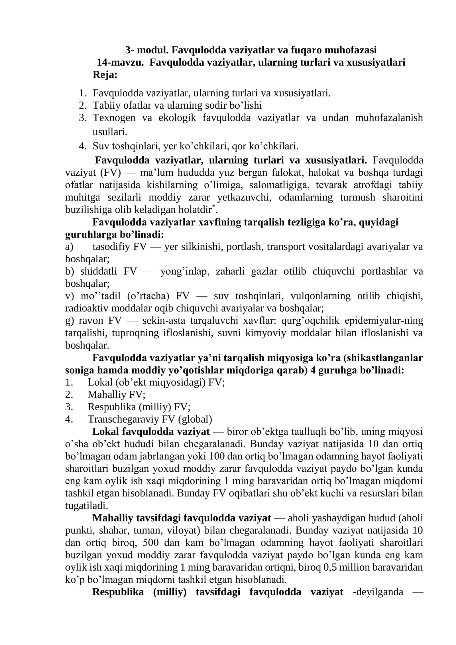 Favqulodda vaziyatlar, ularning turlari va xususiyatlari