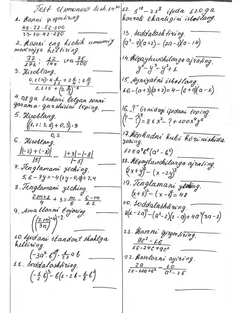boshlang'ich matematika test