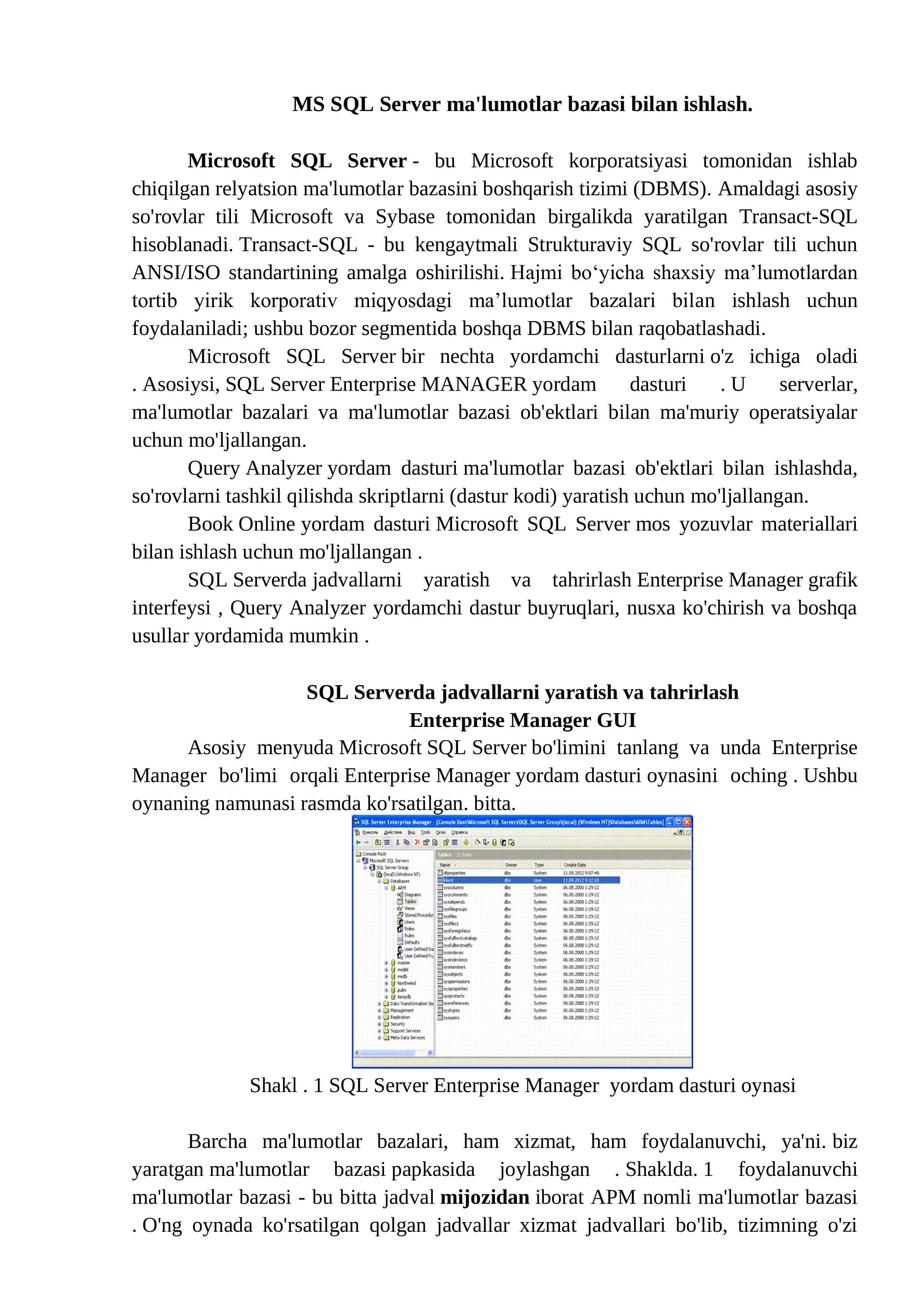 MS SQL Server ma'lumotlar bazasi bilan ishlash