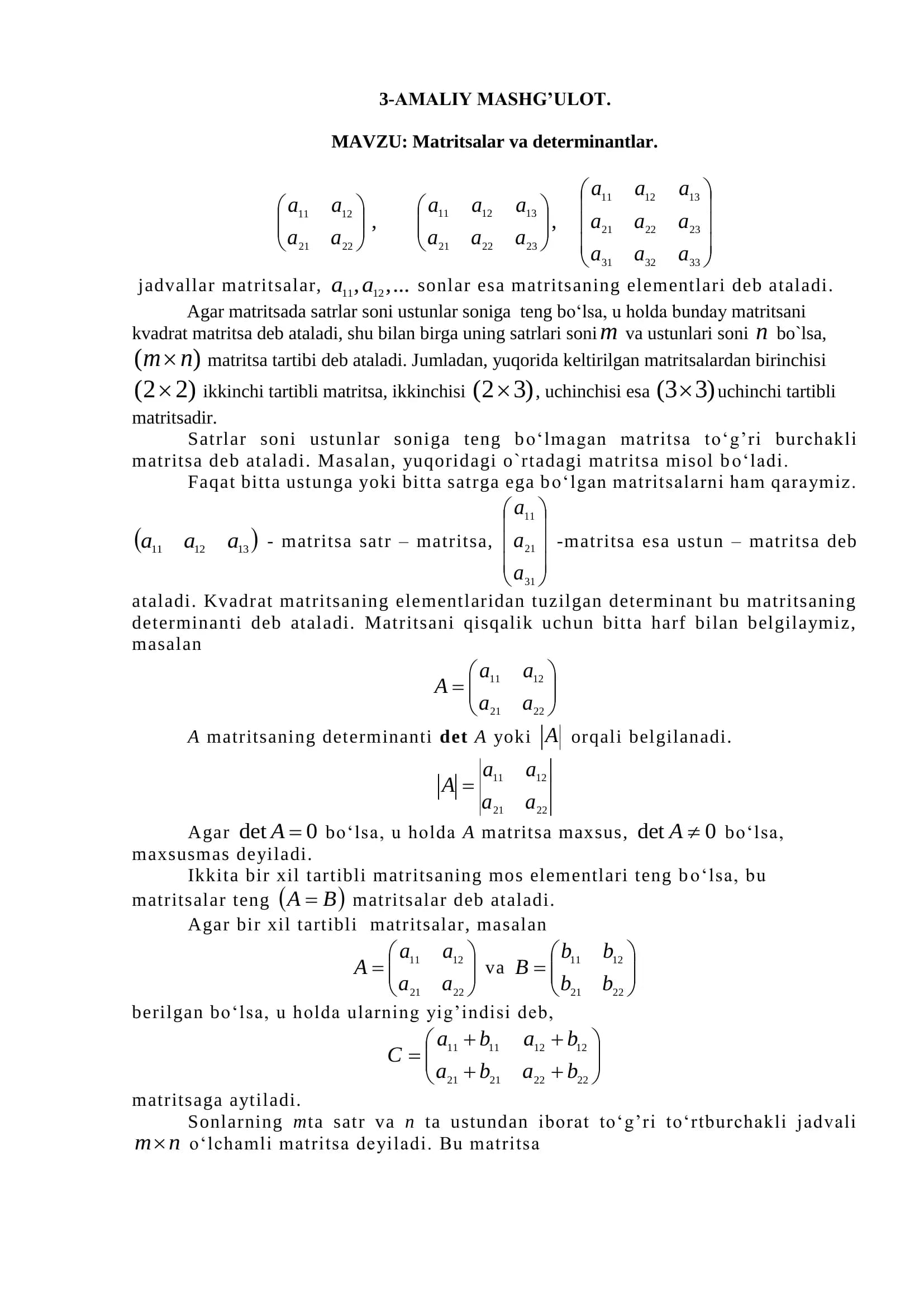 MATRITSALAR VA DETERMINANTLAR