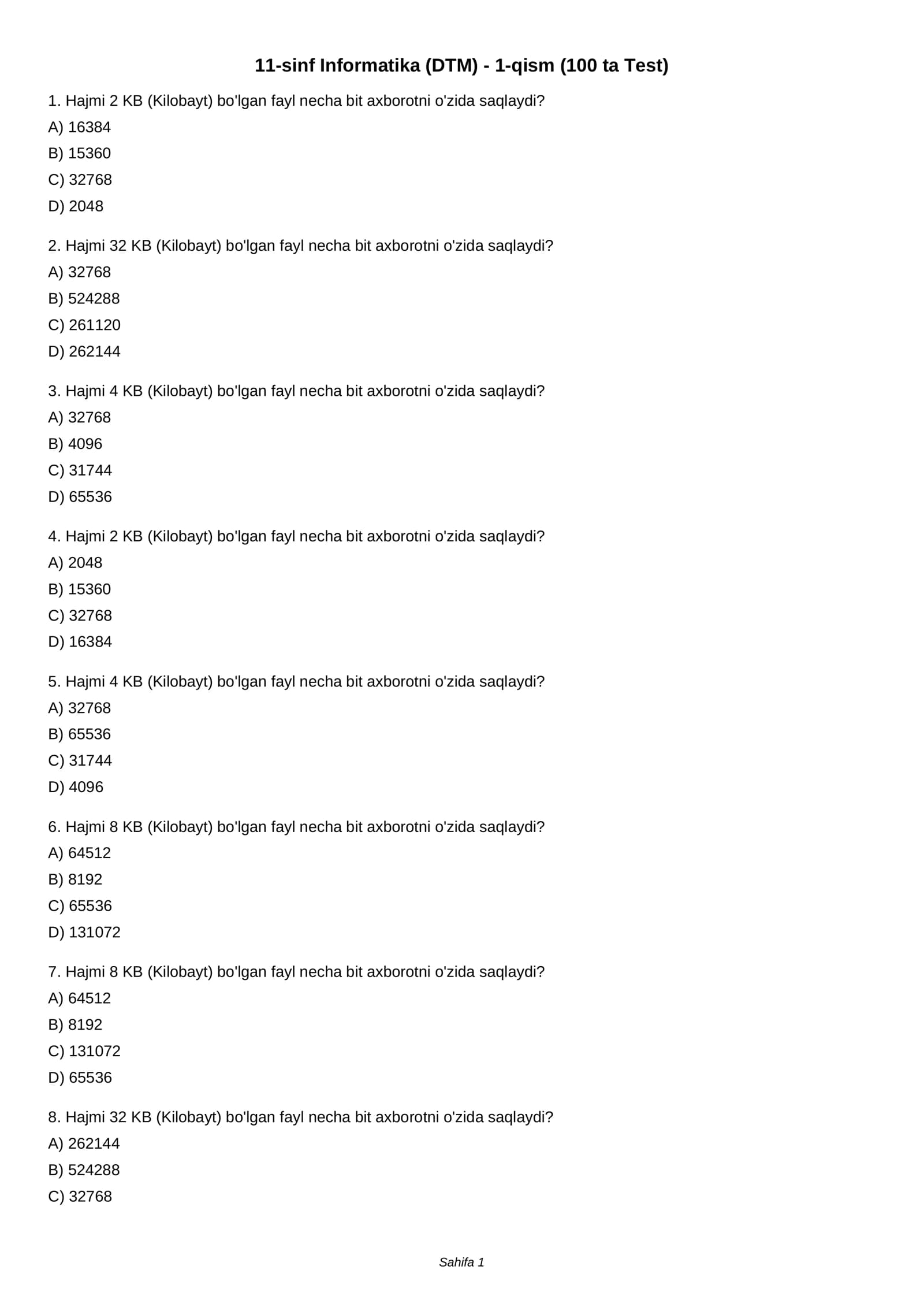 11-sinf Informatika (DTM) - 1-qism (100 ta Test)