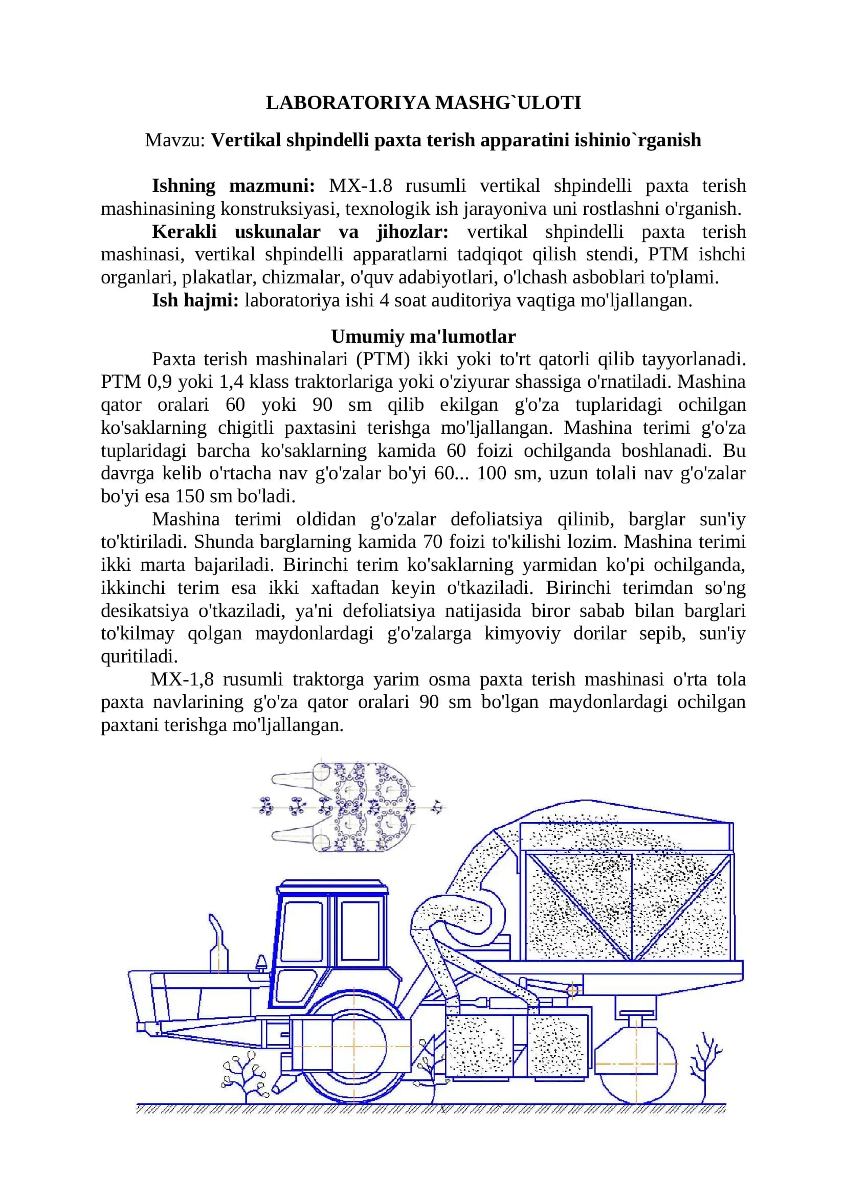 Vertikal shpindelli paxta terish apparati