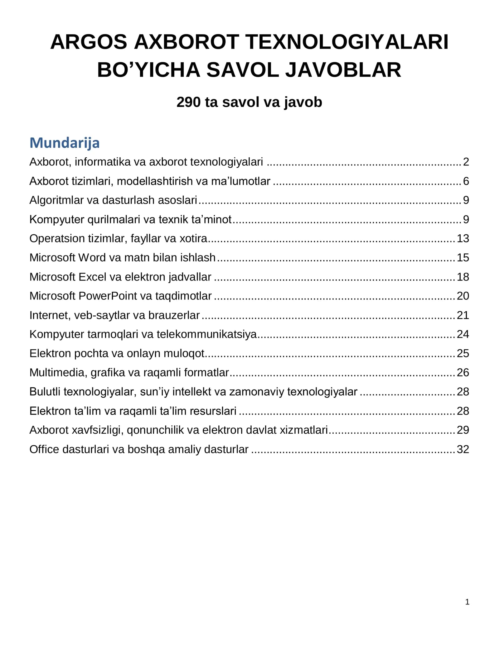 ARGOS Informatika fanidan 290 ta savol-javob | 2027