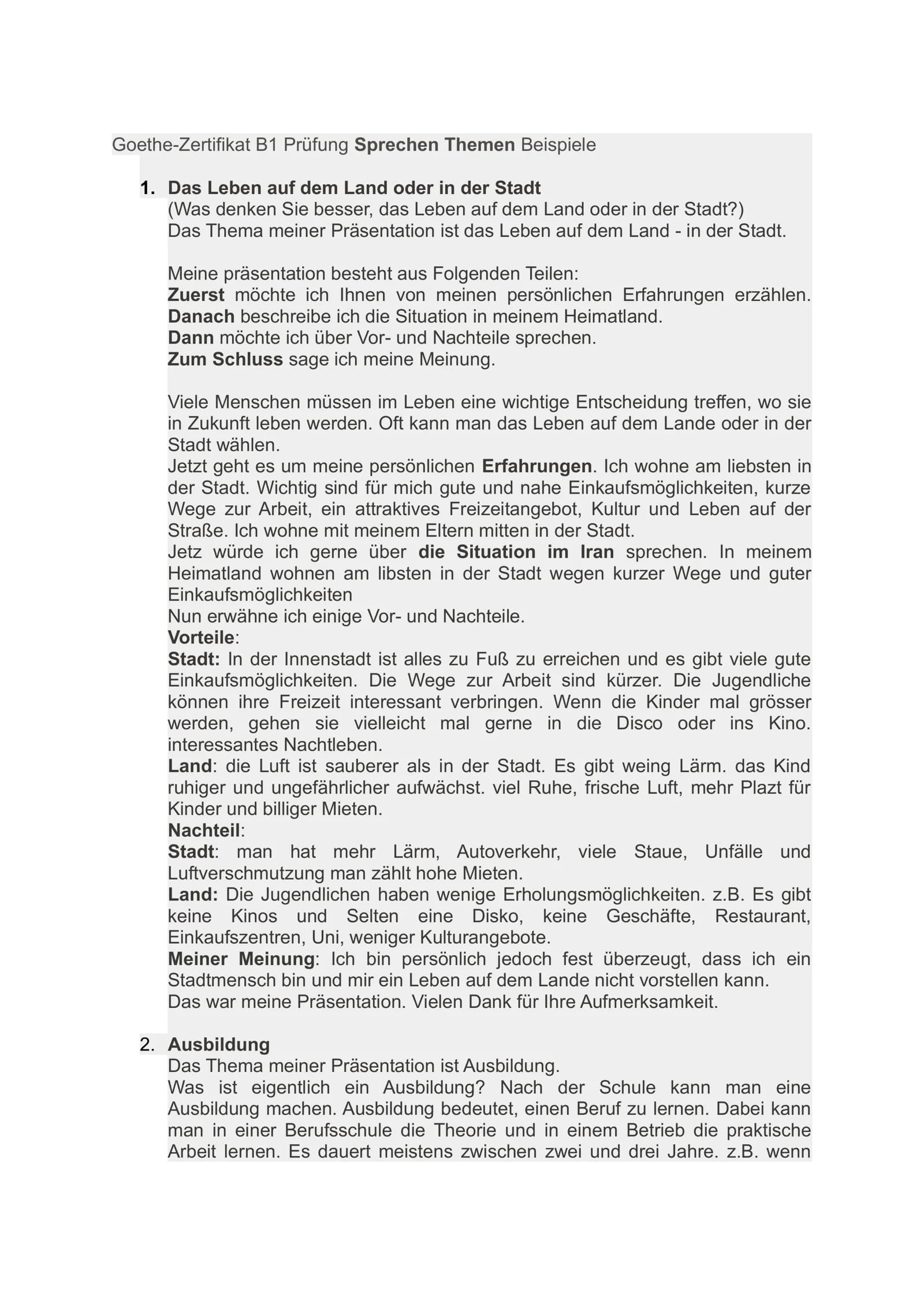 Goethe B1 sprechen themen