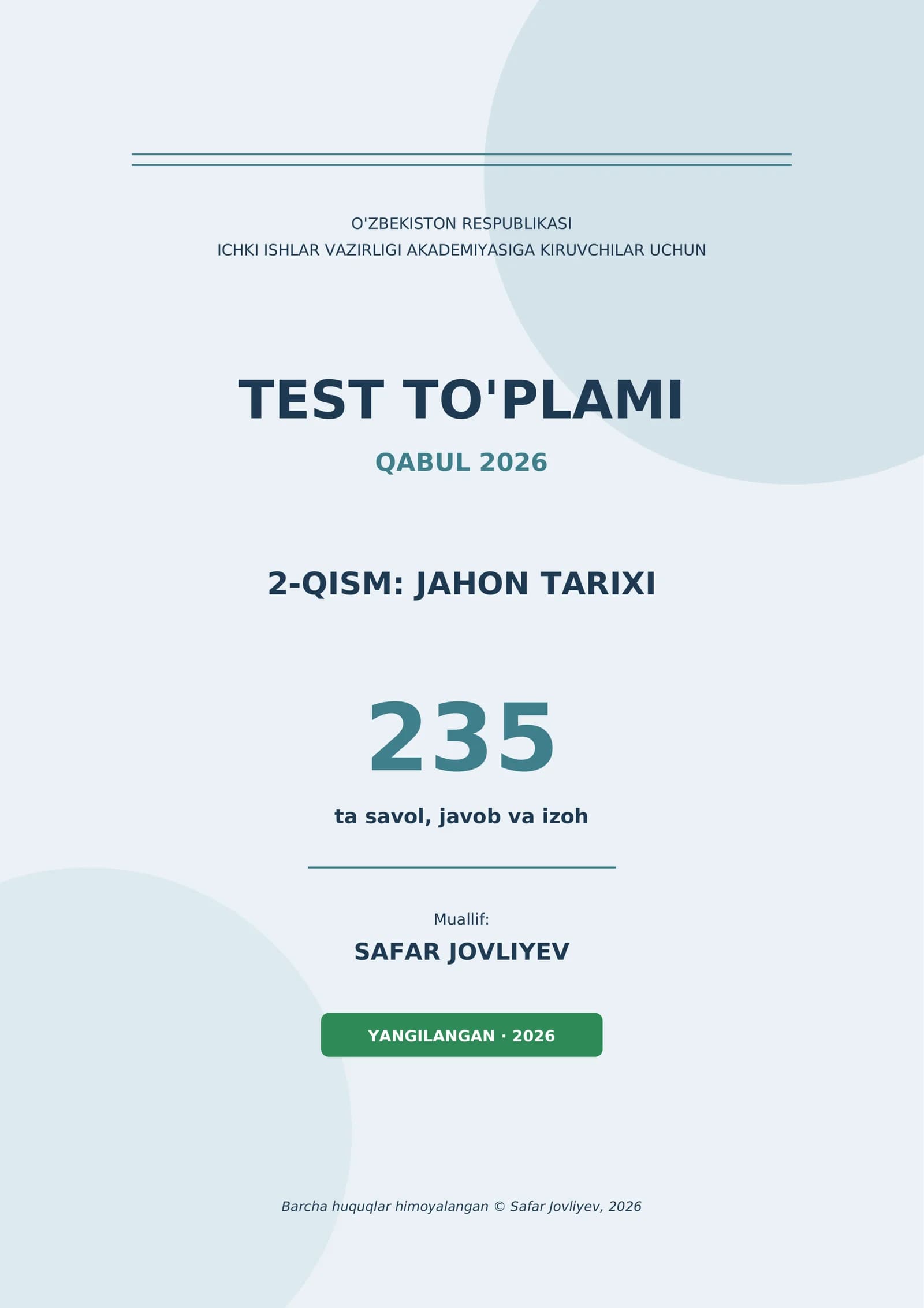 TEST TO'PLAMI QABUL 2026: JAHON TARIXI