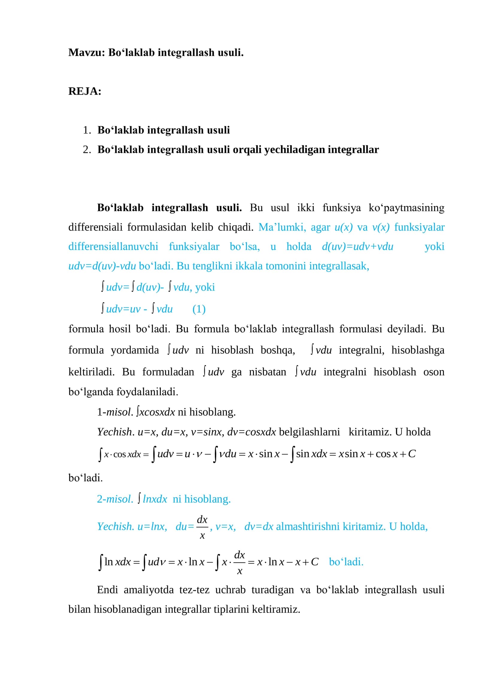 Bo‘laklab integrallash usuli