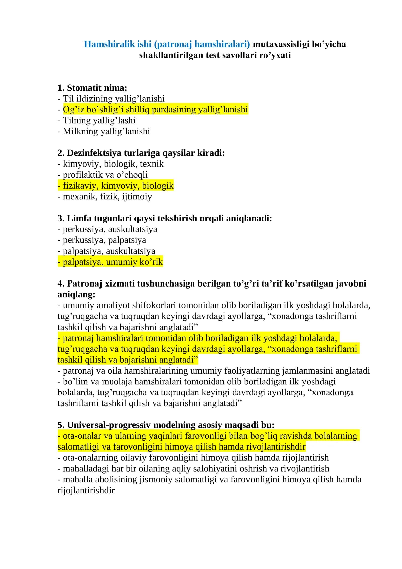 Hamshiralik ishi (patronaj hamshiralari) mutaxassisligi bo’yicha test savollari argos