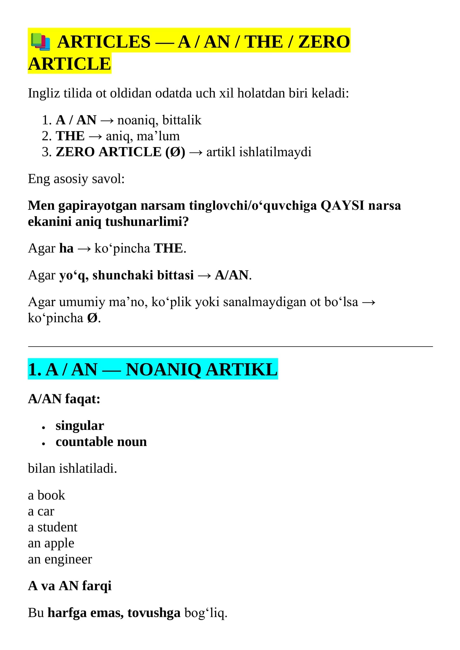 ARTICLES — A / AN / THE / ZERO