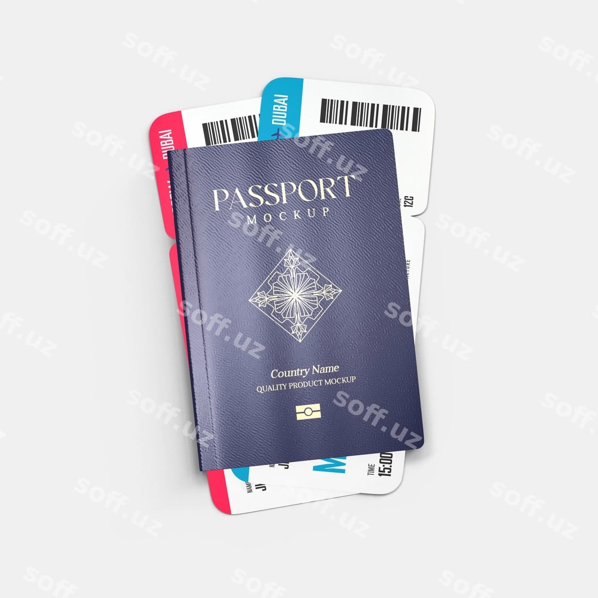Pasport namunasi o'tish chiptasi bilan | Passport mockup with boarding ticket