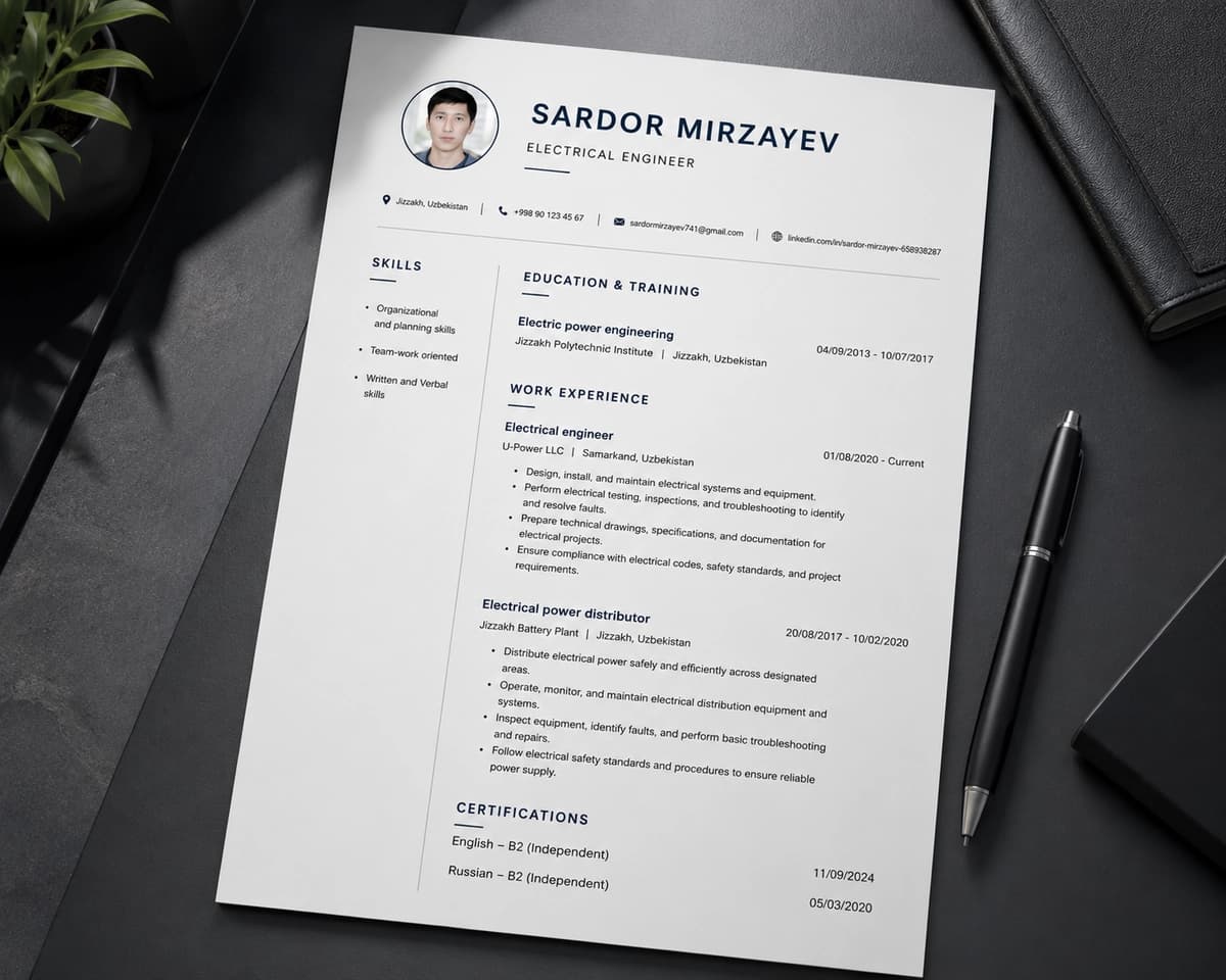 Yevropa standarti bo'yicha tayyor Europass CV / Rezyume shabloni (MS Word + Qo'llanma)