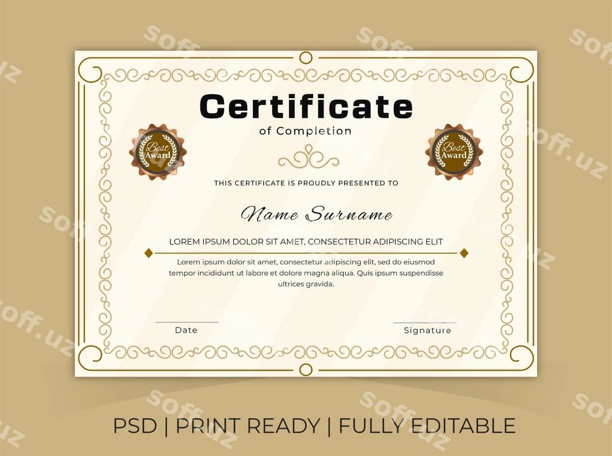 Psd ajoyib sertifikat dizayn shabloni | Psd awesome certificate design template