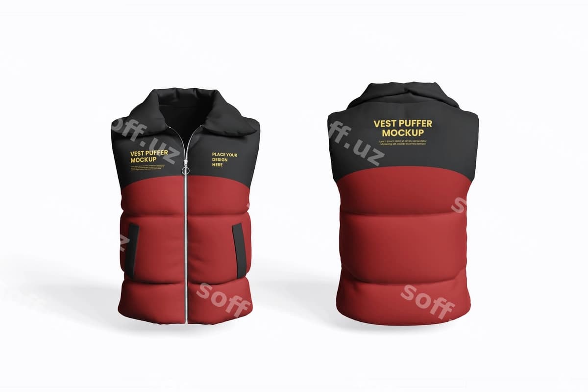 Puffer jaketi mockup old va orqa ko'rinishi | Puffer vest mockup front back view
