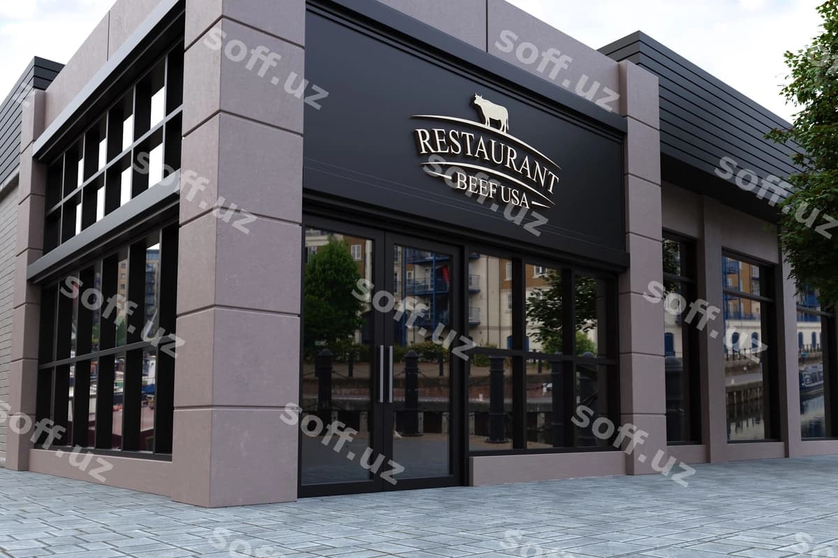 Restoran fassada logotip namunasi | Restaurant facade logo mockup