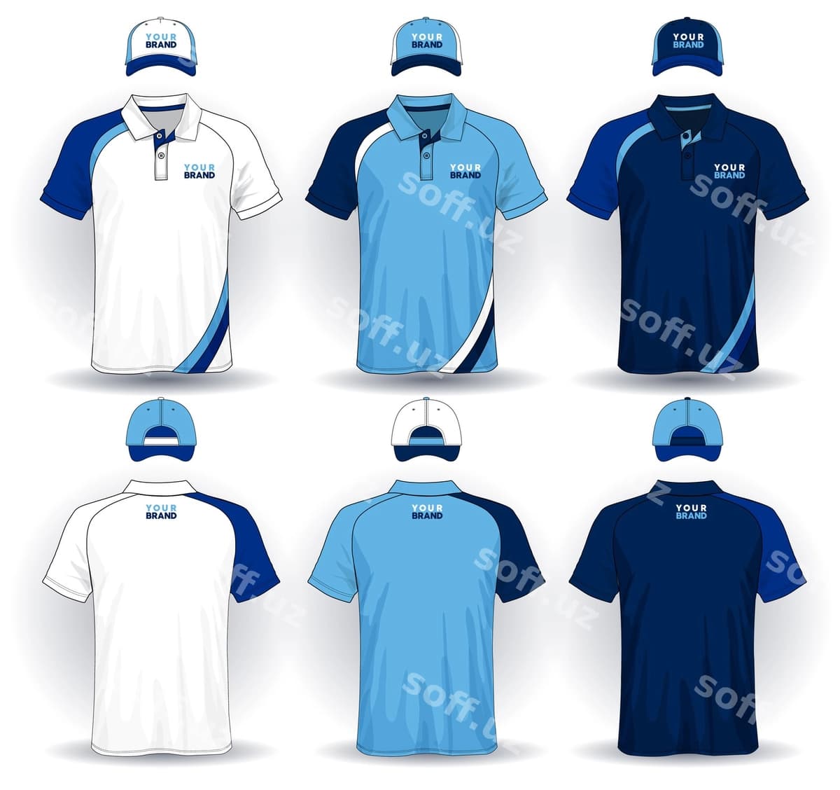 Komplekt bir xil shablon polo rubokalari va shapkalar | Set uniform template polo shirts caps