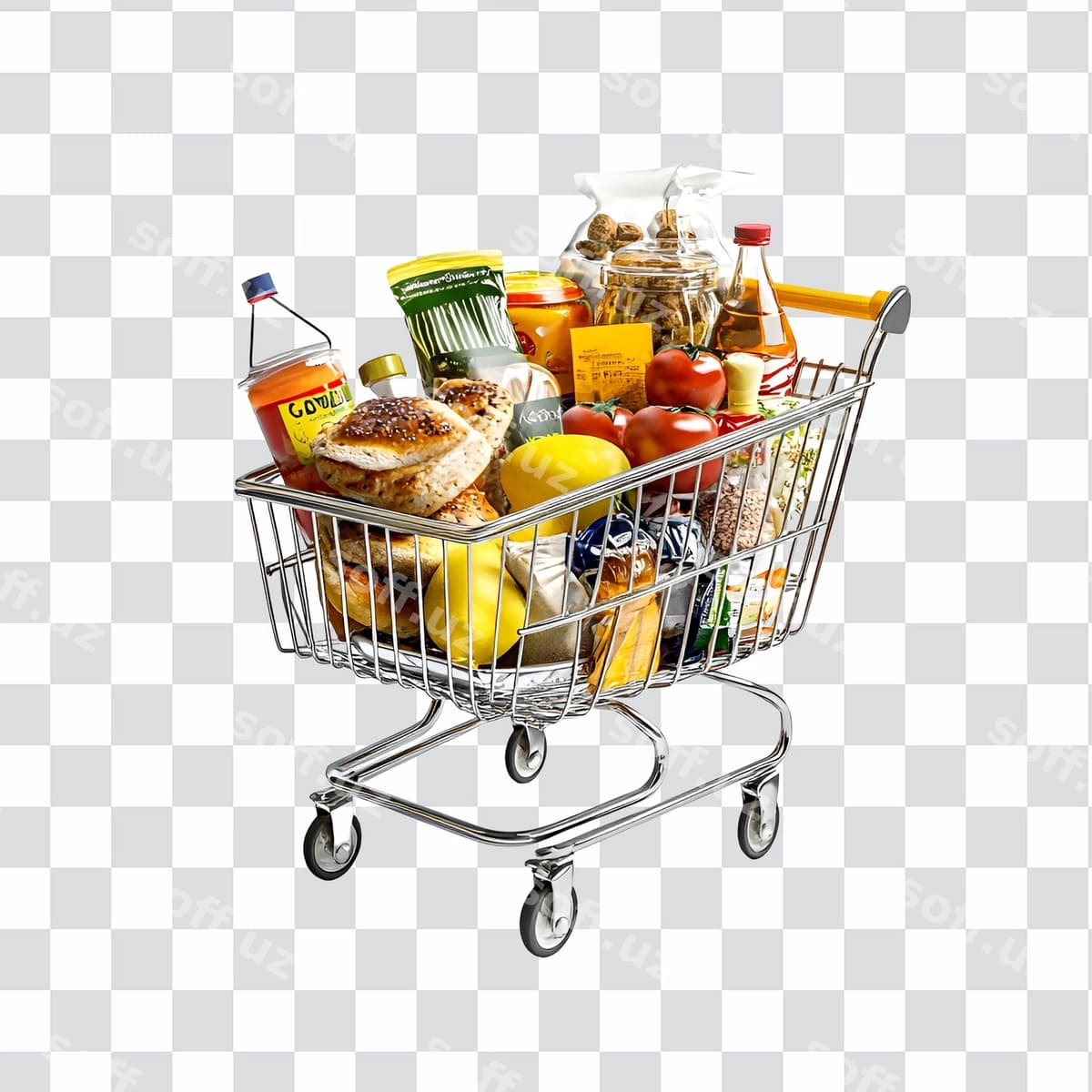 Xarid savati ovqat, shisha, suv bilan | Shopping cart with food bottle juice it