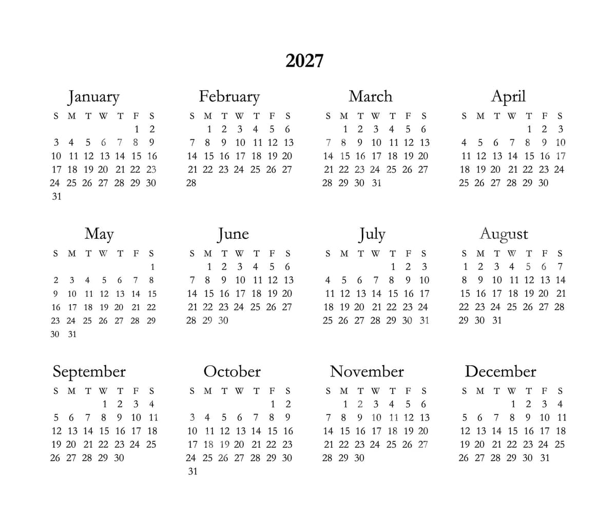 Oddiy takvim 2027 | Simple calendar 2027