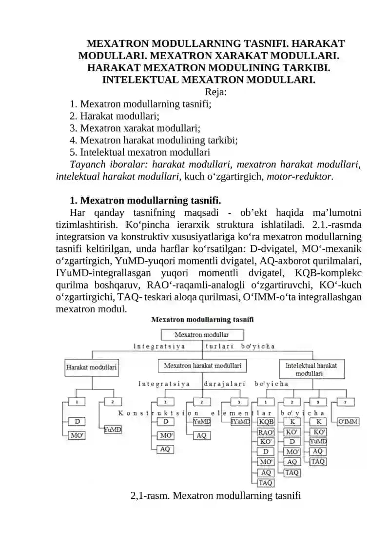 MEXATRON MODULLARNING TASNIFI. HARAKAT MODULLARI. MEXATRON XARAKAT MODULLARI. HARAKAT MEXATRON MODULINING TARKIBI. INTELEKTUAL MEXATRON MODULLARI.