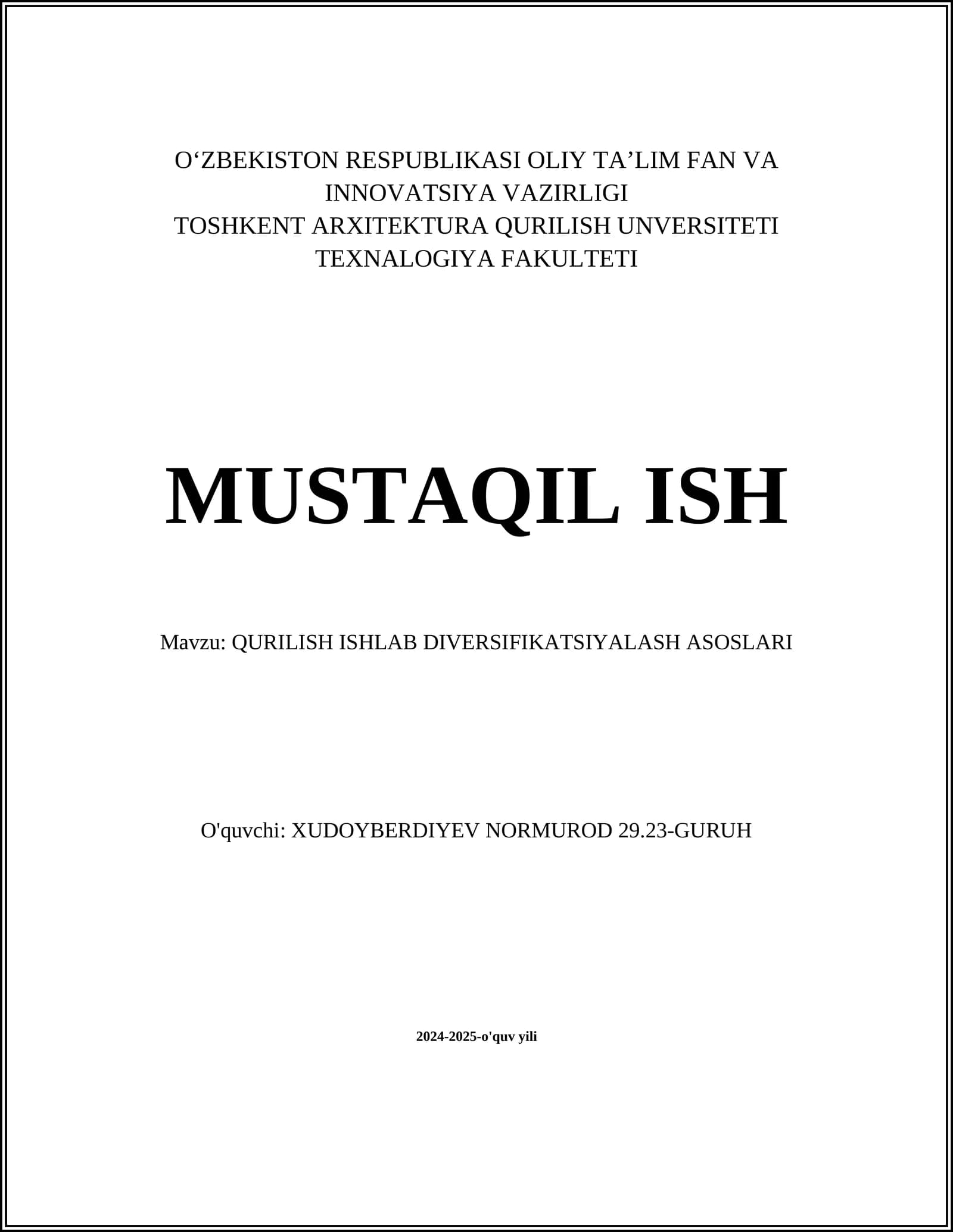 QURILISH ISHLAB DIVERSIFIKATSIYALASH ASOSLARI